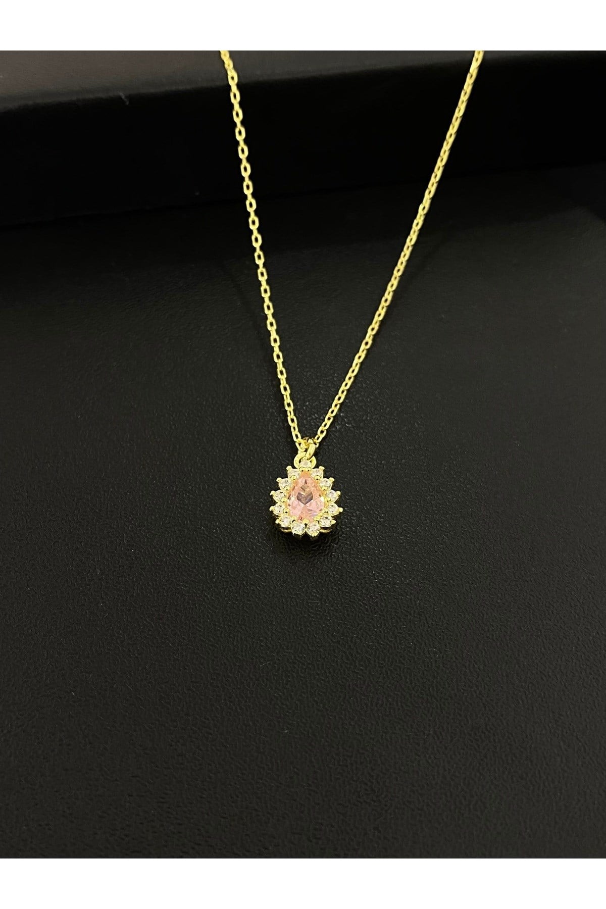 925 Ayar Gümüş Altın Yaldızlı Pembe Damla Modeli Kadın Gümüş Kolye (40+5CM) (Gold)