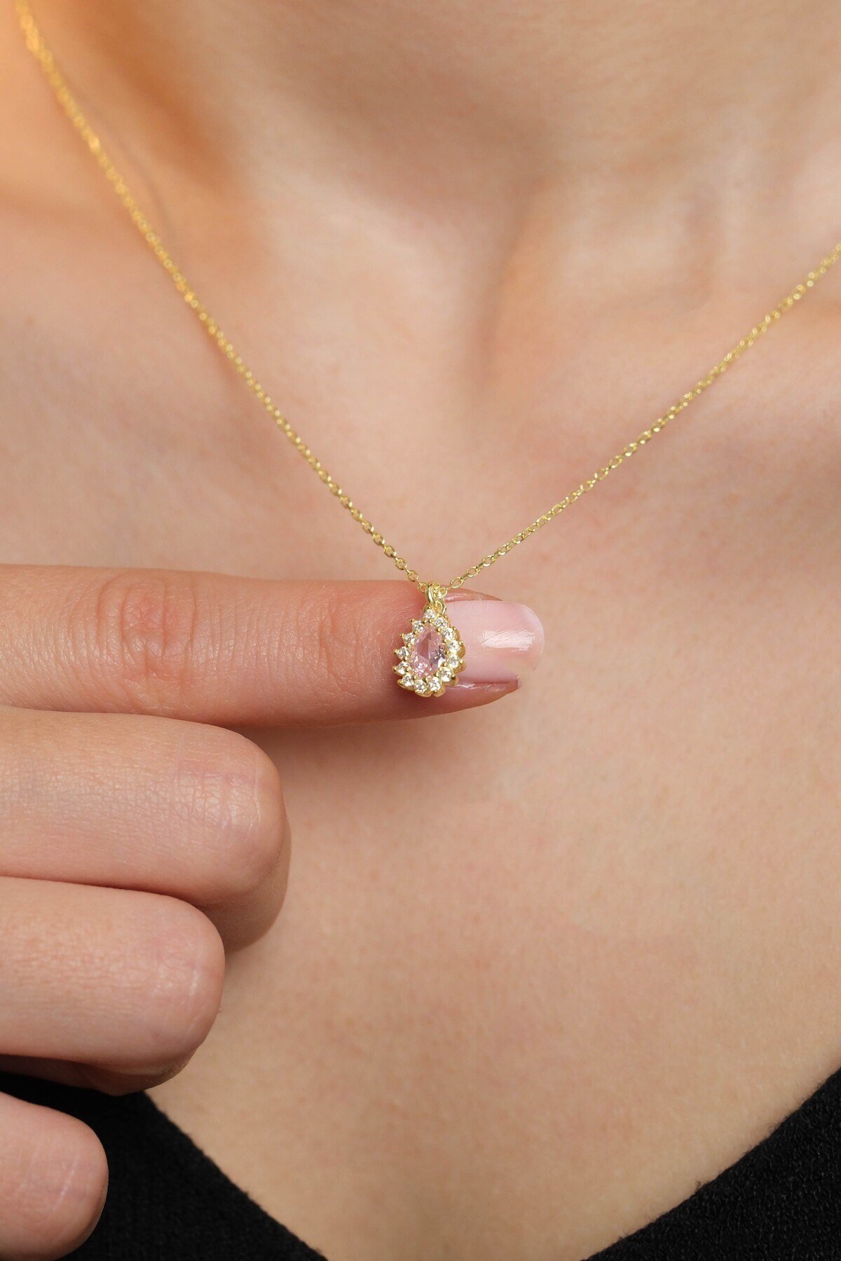 925 Ayar Gümüş Altın Yaldızlı Pembe Damla Modeli Kadın Gümüş Kolye (40+5CM) (Gold)