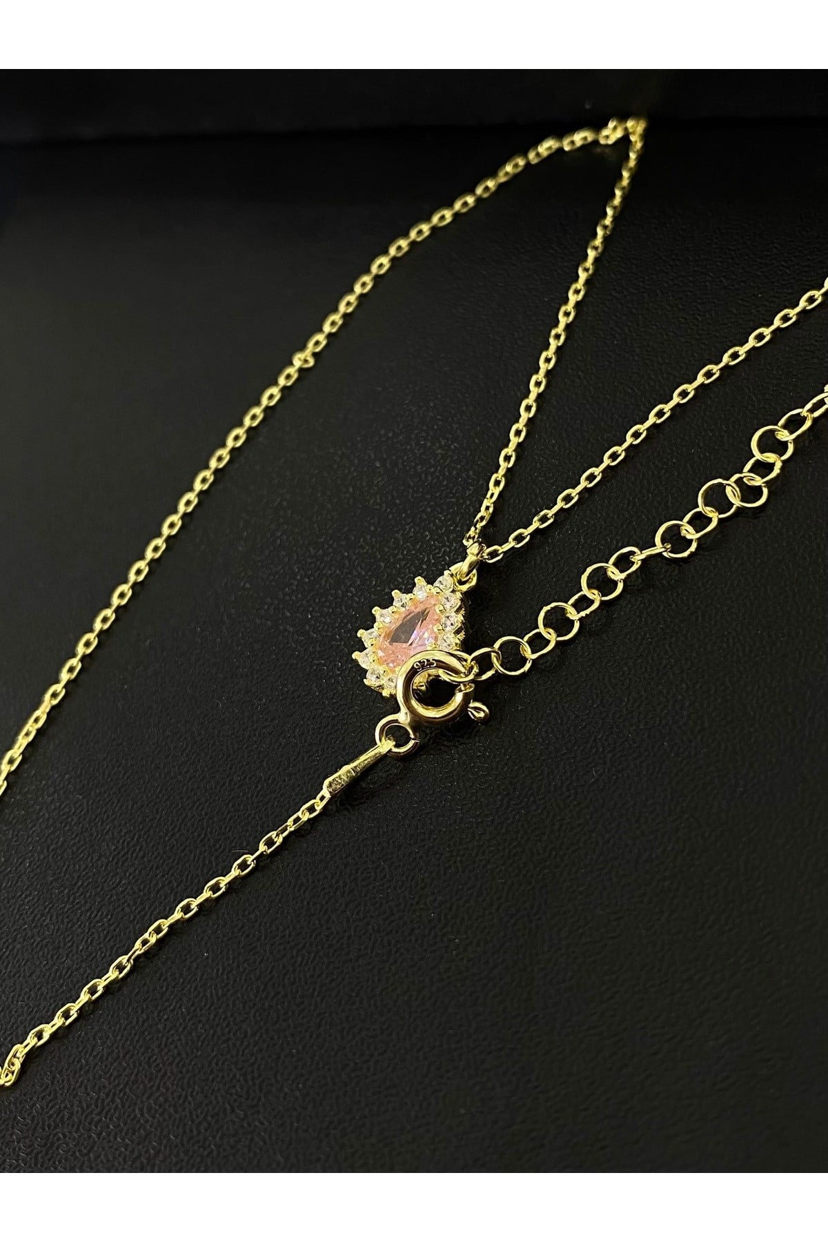 925 Ayar Gümüş Altın Yaldızlı Pembe Damla Modeli Kadın Gümüş Kolye (40+5CM) (Gold)