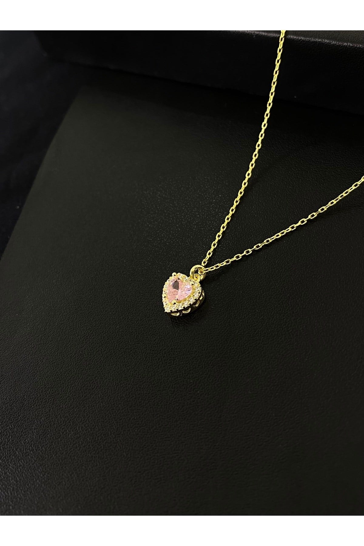 925 Ayar Gümüş Altın Yaldızlı Pembe Kalp Modeli Kadın Gümüş Kolye (40+5CM) (Gold)