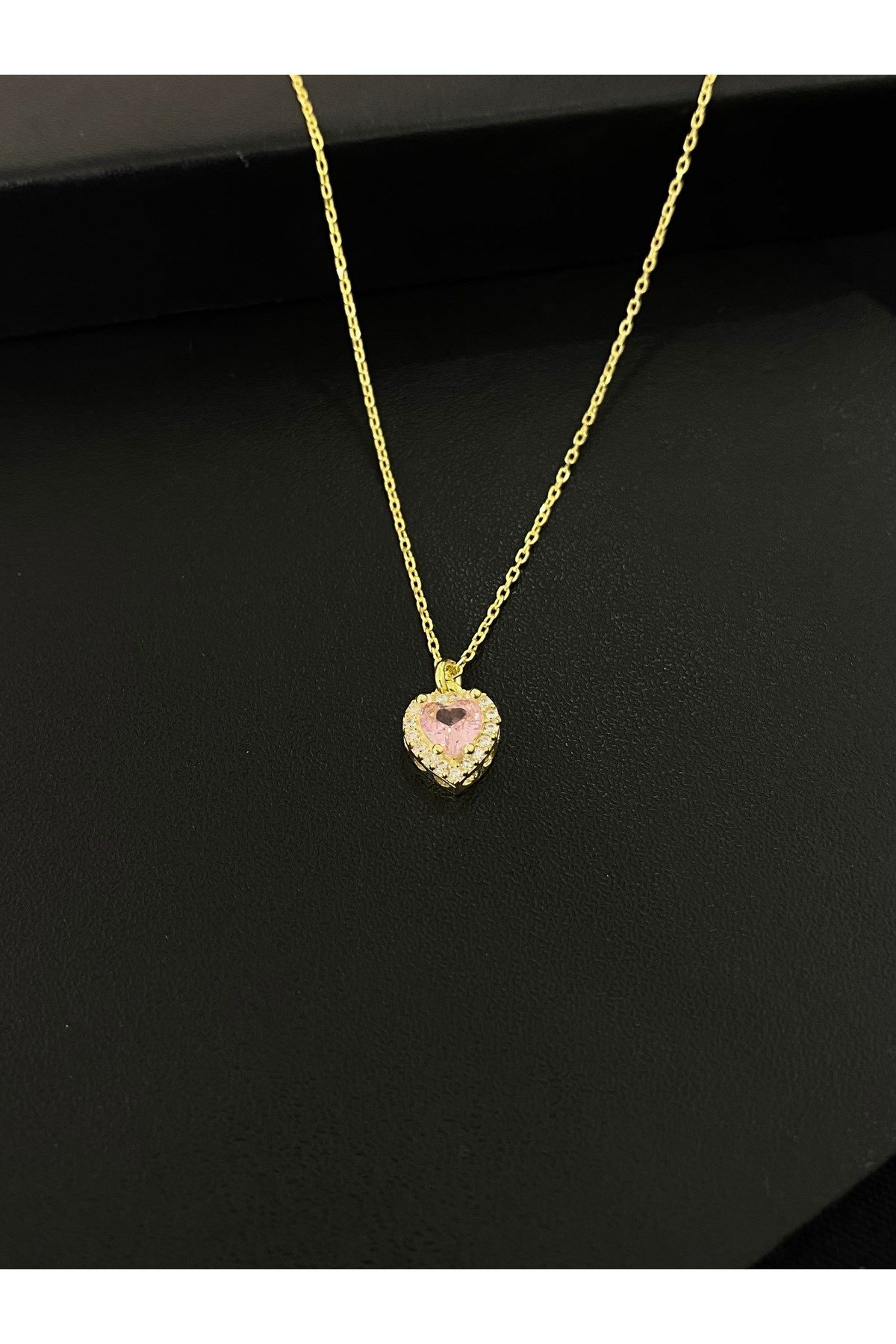 925 Ayar Gümüş Altın Yaldızlı Pembe Kalp Modeli Kadın Gümüş Kolye (40+5CM) (Gold)