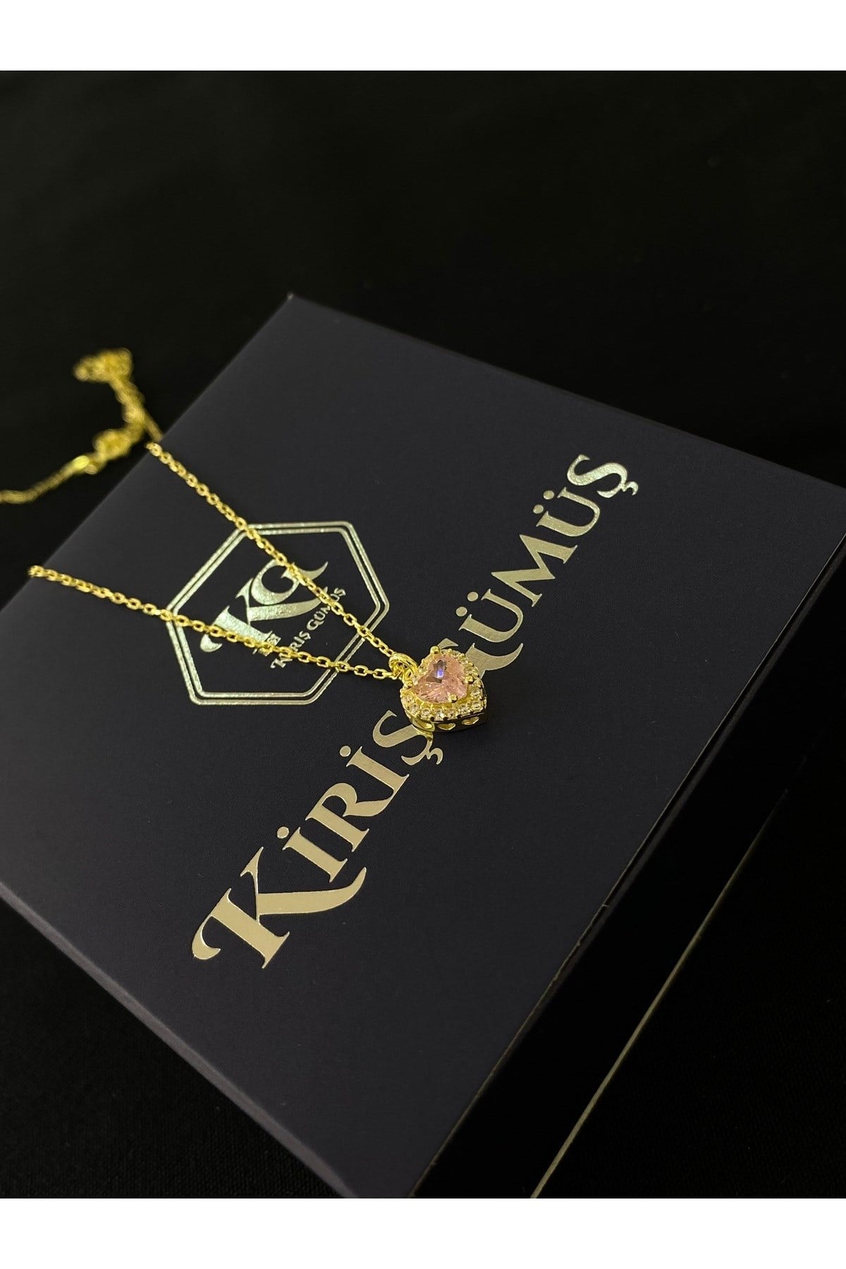 925 Ayar Gümüş Altın Yaldızlı Pembe Kalp Modeli Kadın Gümüş Kolye (40+5CM) (Gold)