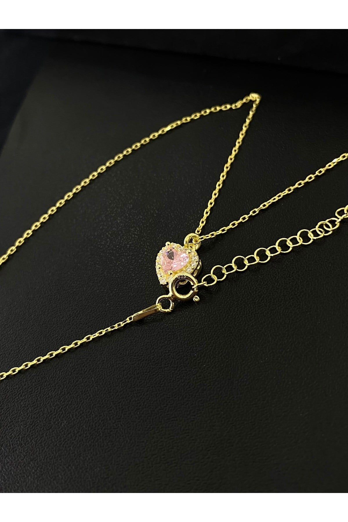 925 Ayar Gümüş Altın Yaldızlı Pembe Kalp Modeli Kadın Gümüş Kolye (40+5CM) (Gold)