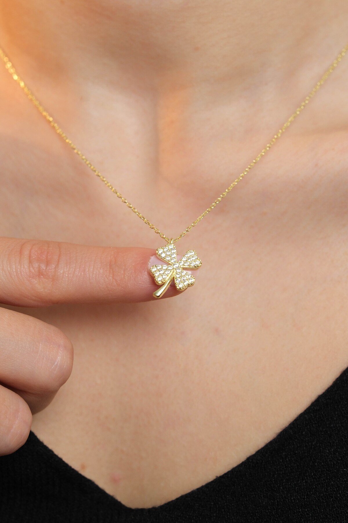 925 Ayar Gümüş Altın Yaldızlı Yonca Modeli Kadın Gümüş Kolye (40+5CM) (Gold)