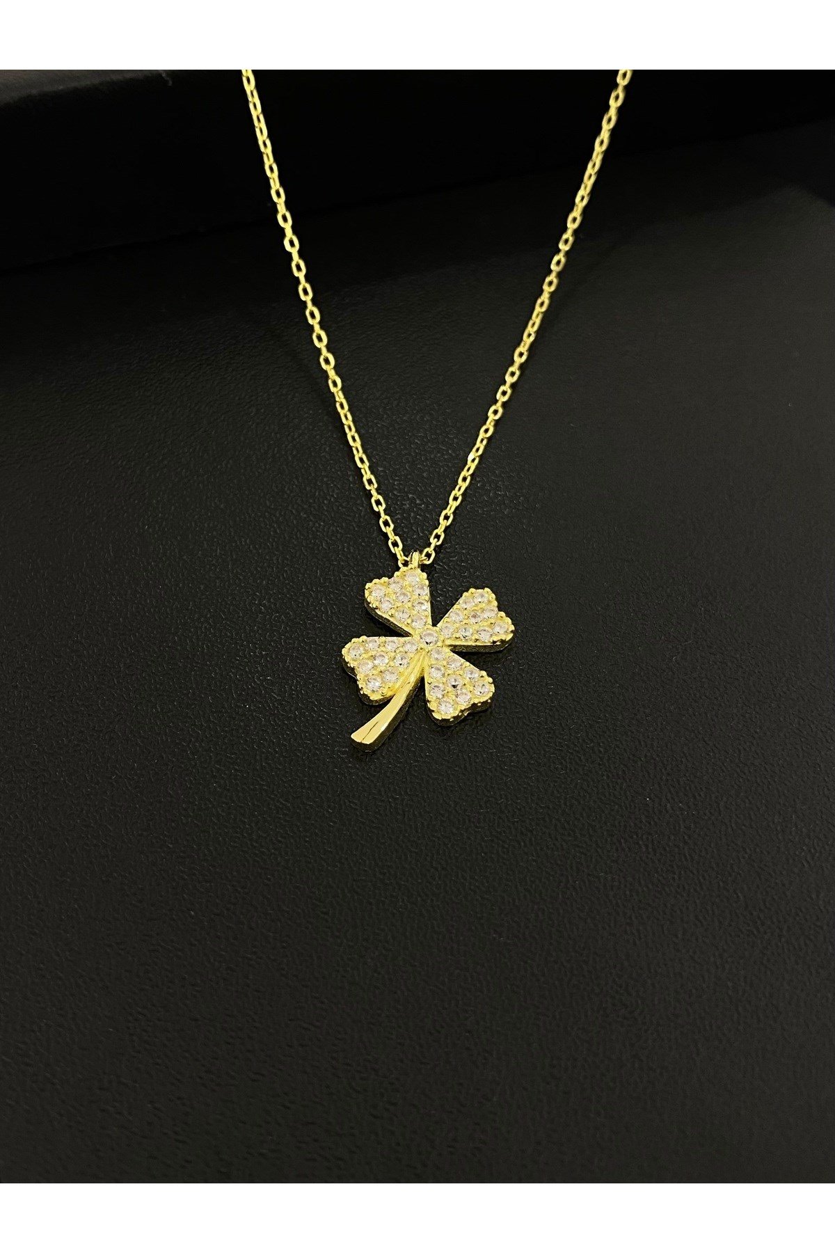 925 Ayar Gümüş Altın Yaldızlı Yonca Modeli Kadın Gümüş Kolye (40+5CM) (Gold)