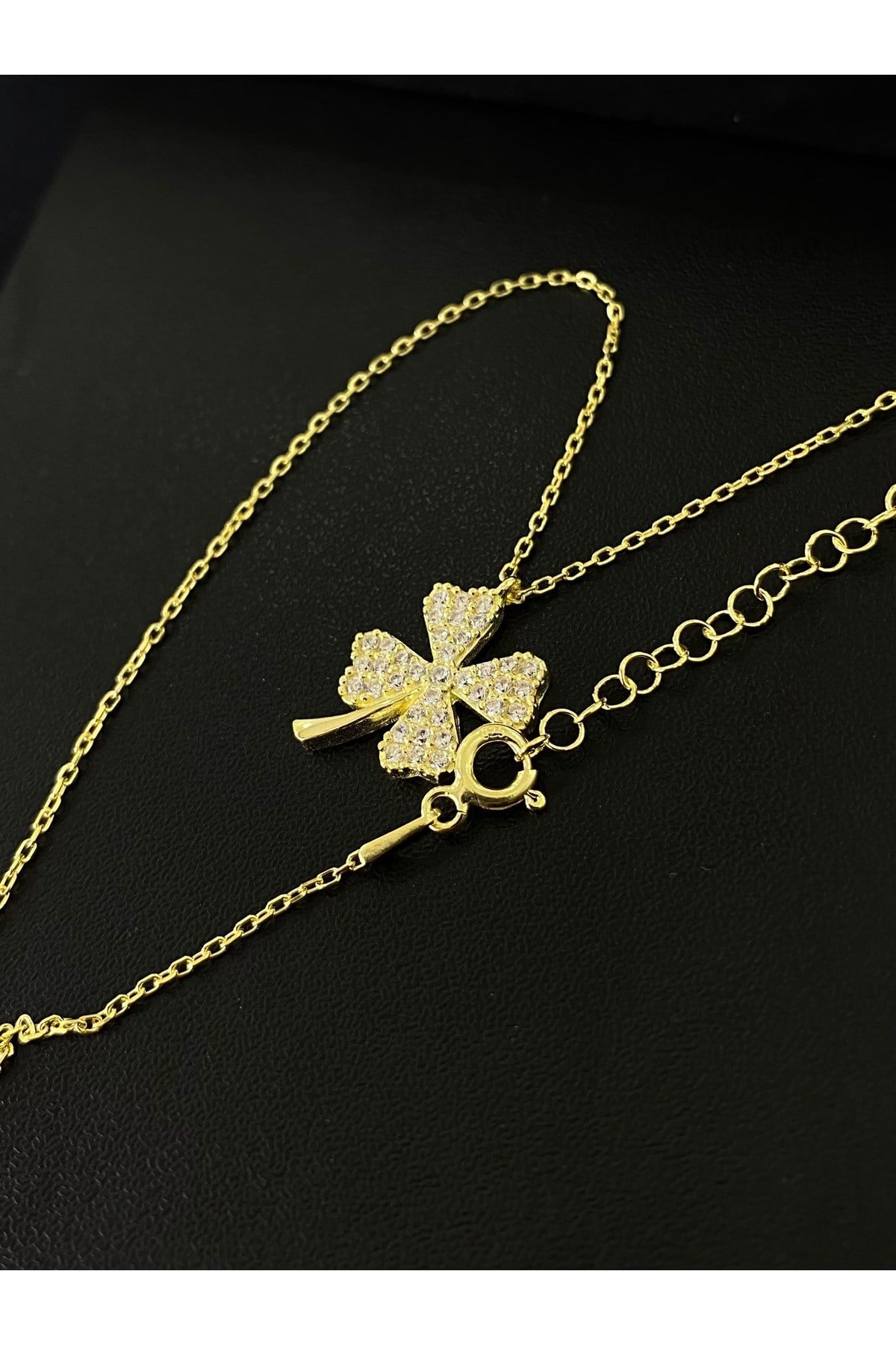 925 Ayar Gümüş Altın Yaldızlı Yonca Modeli Kadın Gümüş Kolye (40+5CM) (Gold)