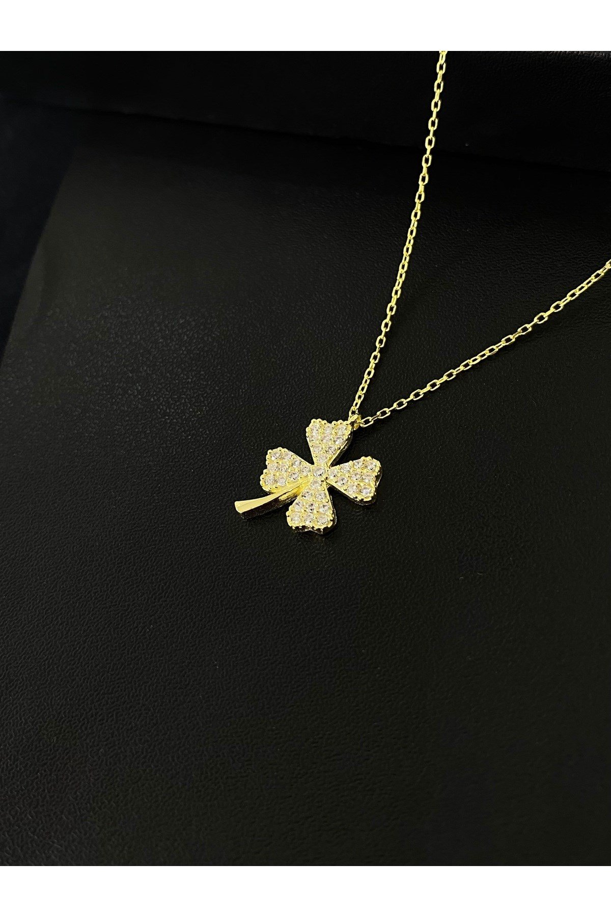 925 Ayar Gümüş Altın Yaldızlı Yonca Modeli Kadın Gümüş Kolye (40+5CM) (Gold)