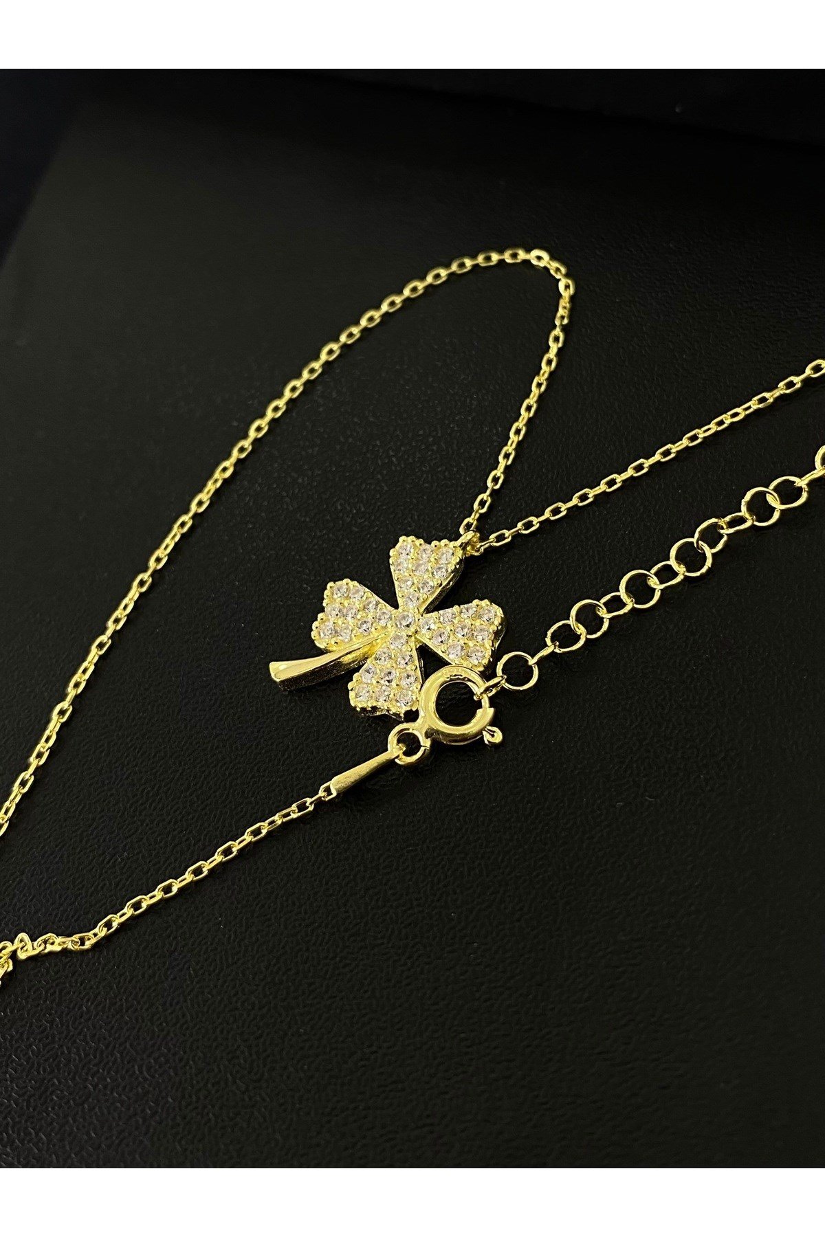 925 Ayar Gümüş Altın Yaldızlı Yonca Modeli Kadın Gümüş Kolye (40+5CM) (Gold)