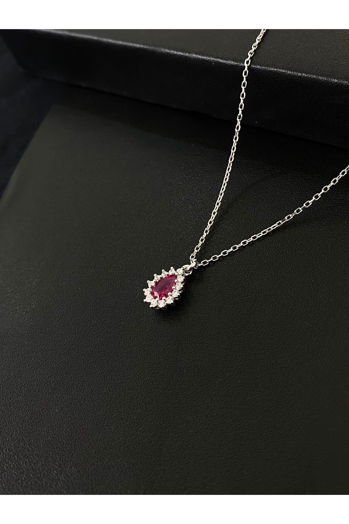 925 Ayar Gümüş Kırmızı Damla Modeli Kadın Gümüş Kolye (40+5CM)