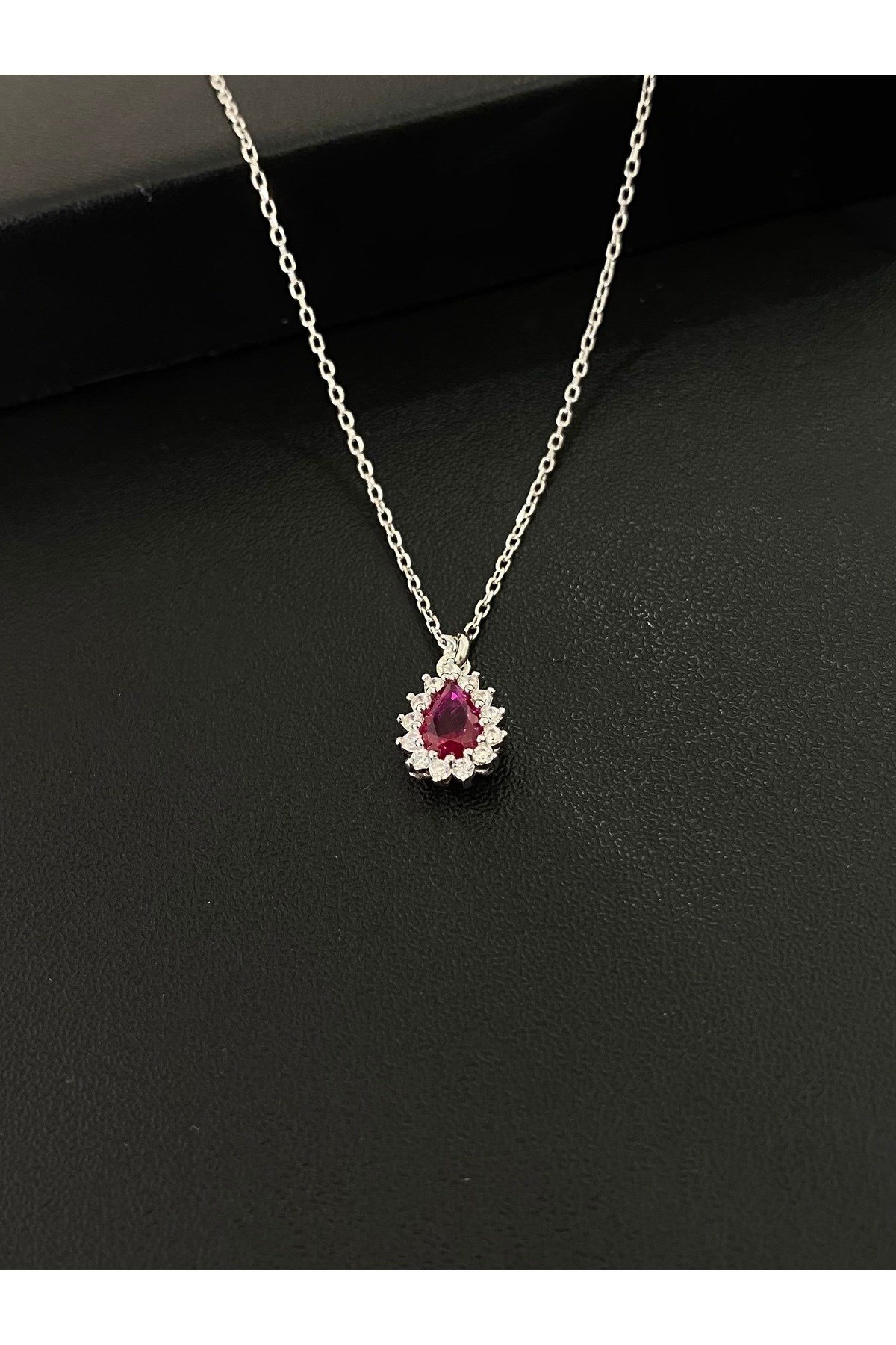925 Ayar Gümüş Kırmızı Damla Modeli Kadın Gümüş Kolye (40+5CM)