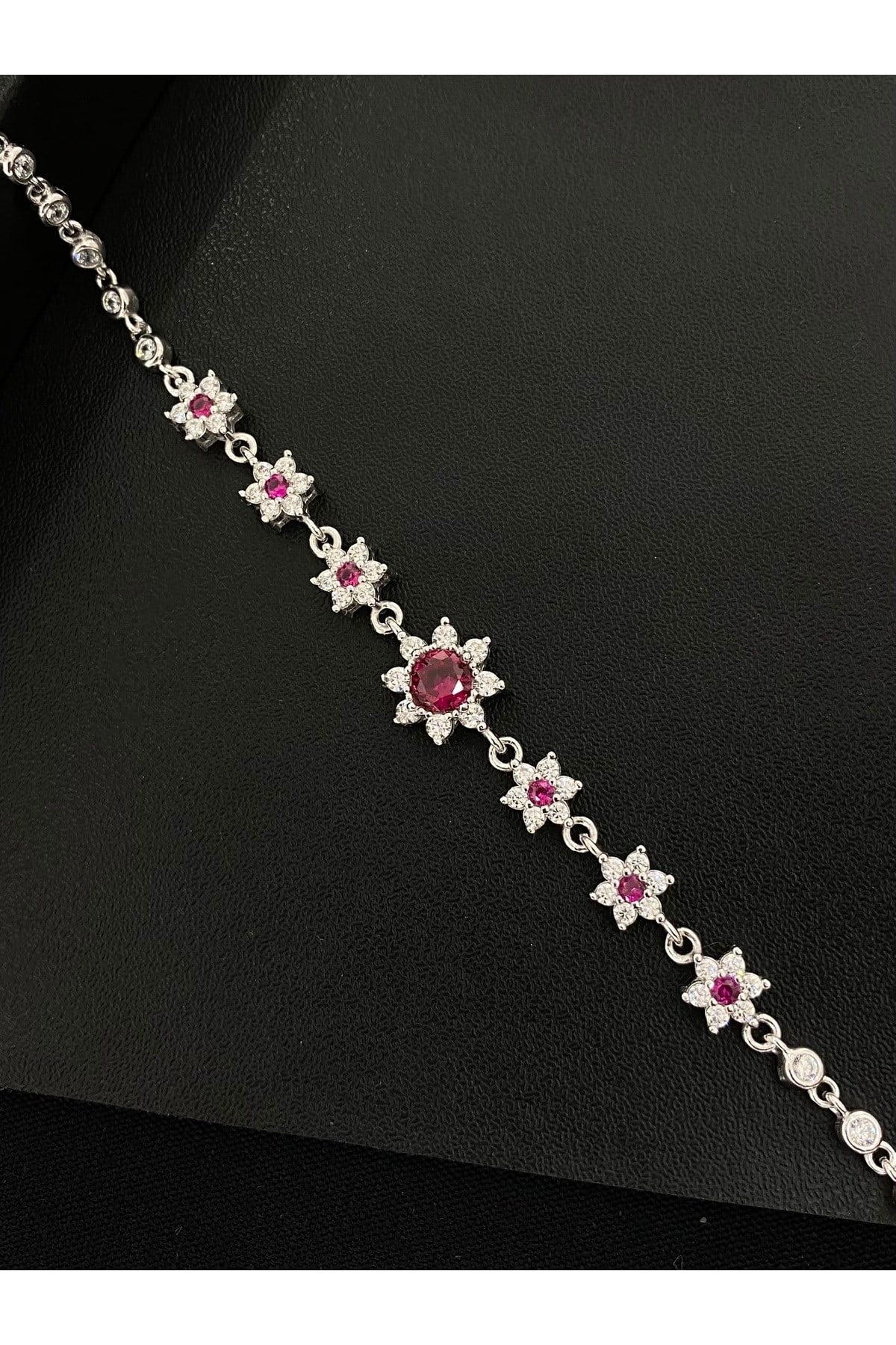 925 Ayar Gümüş Kırmızı Lotus Çiçeği Aşk Güneşi Kadın Gümüş Bileklik (17+3CM)
