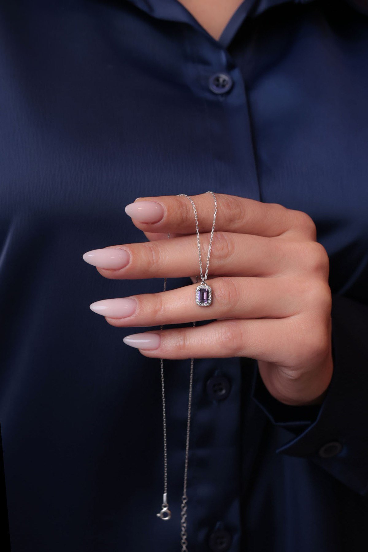 925 Ayar Gümüş Kolye Mor Renk Baget Kadın Gümüş Kolye (40+5CM) (Mor)