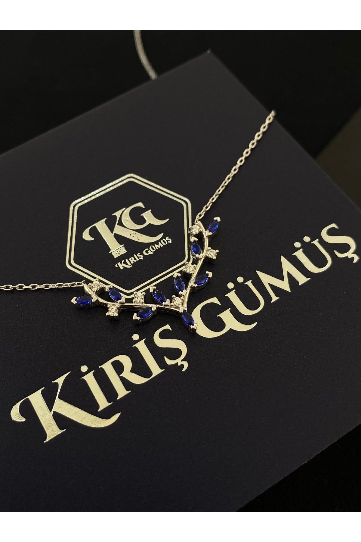 925 Ayar Gümüş Lacivert Geyik Boynuzu Kadın Gümüş Kolye (40+5CM)