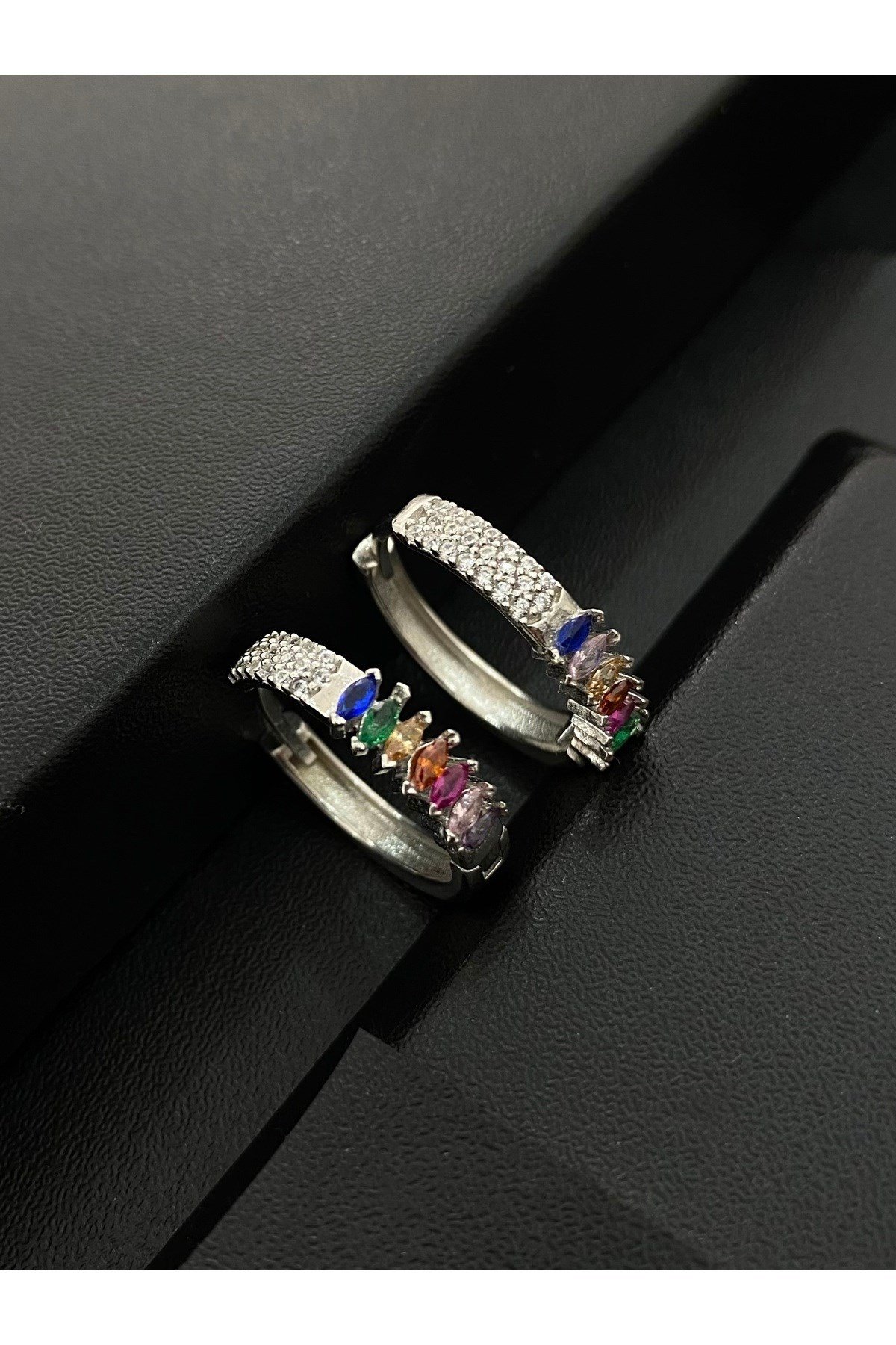 925 Ayar Gümüş Mix Taşlı Kadın Gümüş Halka Küpe (20MM) (4MM)