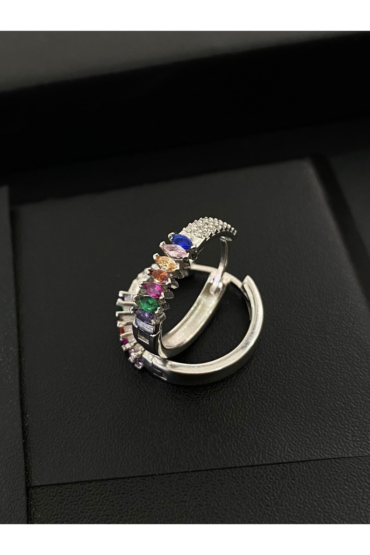 925 Ayar Gümüş Mix Taşlı Kadın Gümüş Halka Küpe (20MM) (4MM)