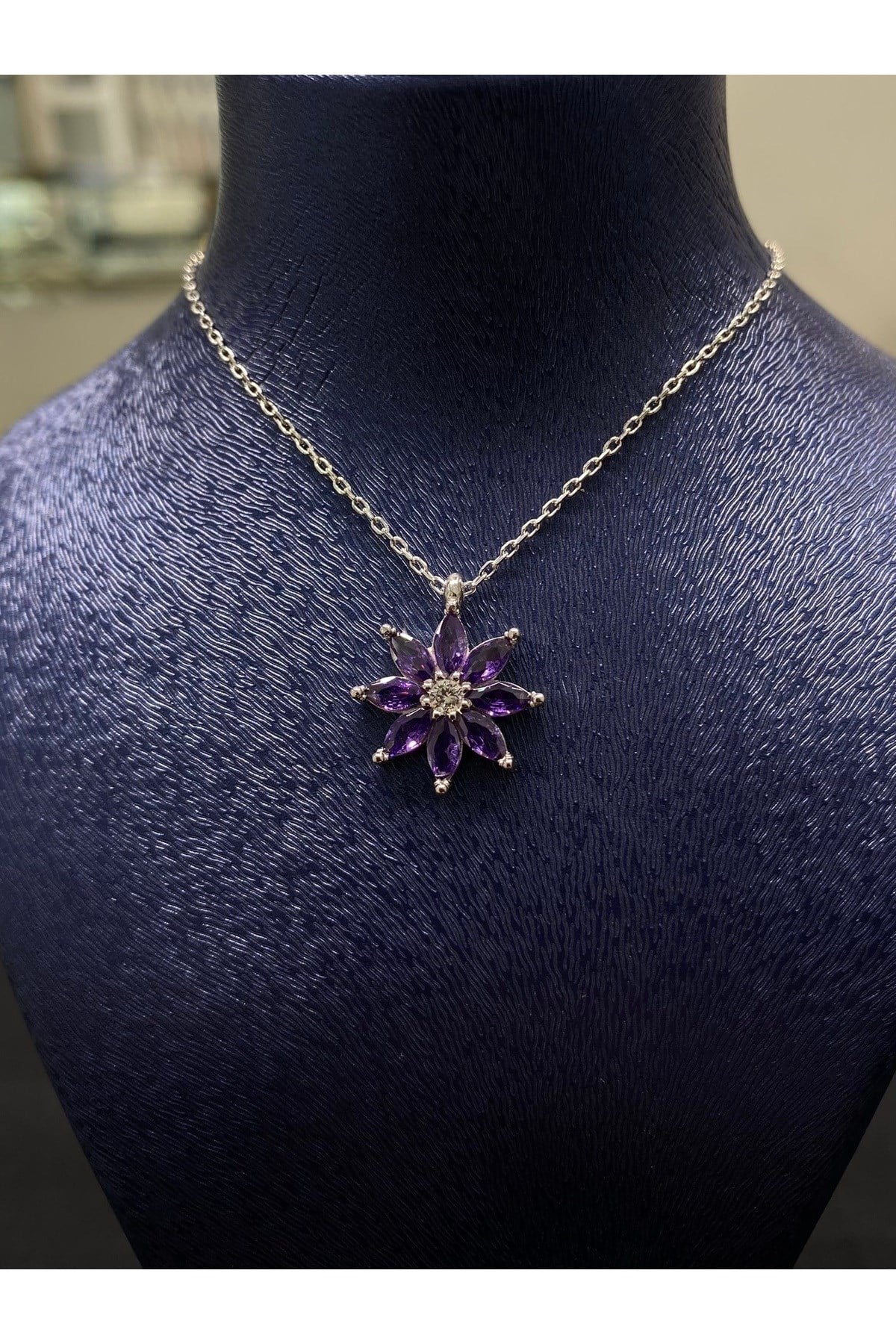 925 Ayar Gümüş Mor Çiçek Kadın Gümüş Kolye (40+5cm) (Kiriş Gümüş Kolye Model2)