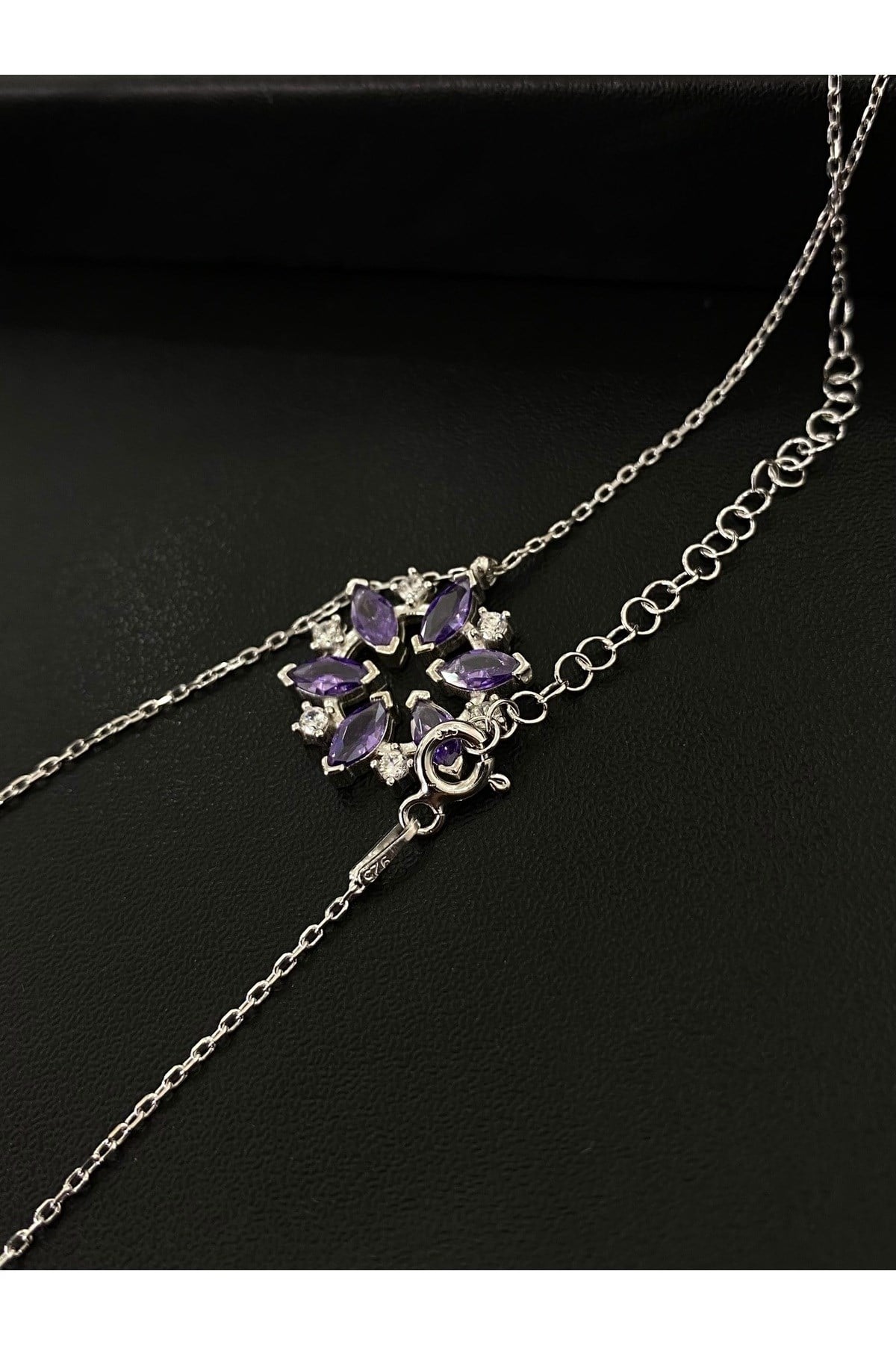 925 Ayar Gümüş Mor Çiçek Kadın Gümüş Kolye (40+5cm) (Kiriş Gümüş Kolye Model3)