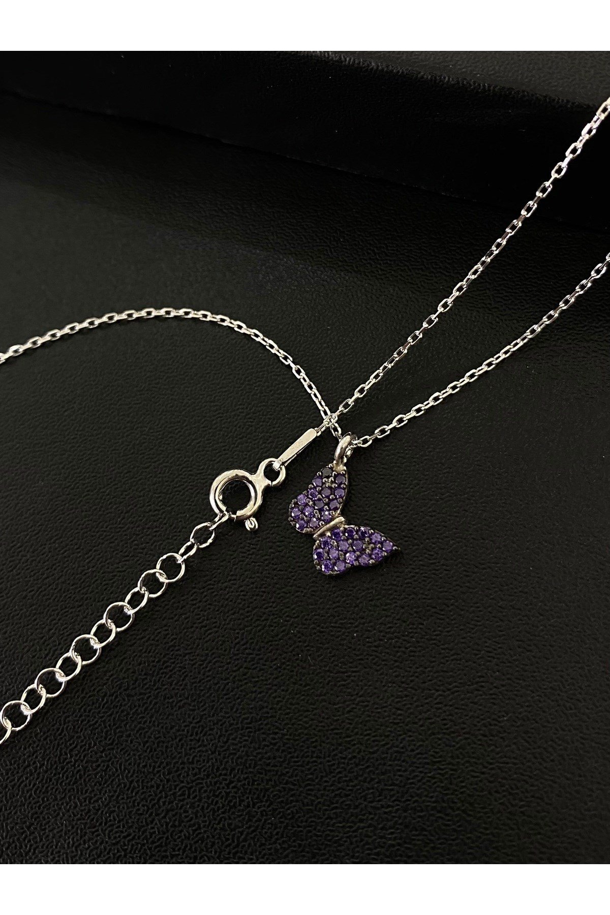 925 Ayar Gümüş Mor Kelebek Kadın Gümüş Kolye (40+5cm)