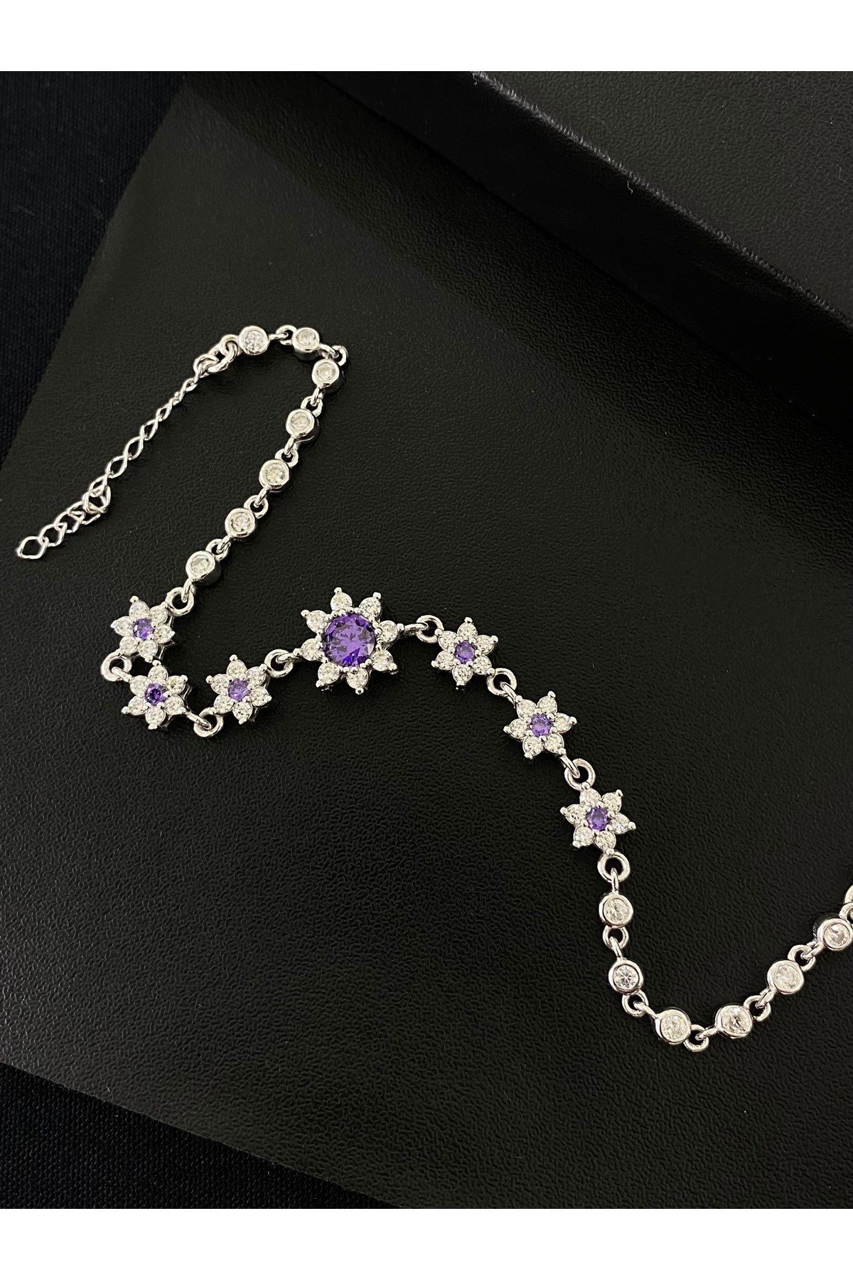 925 Ayar Gümüş Mor Lotus Çiçeği Aşk Güneşi Kadın Gümüş Bileklik (17+3CM)