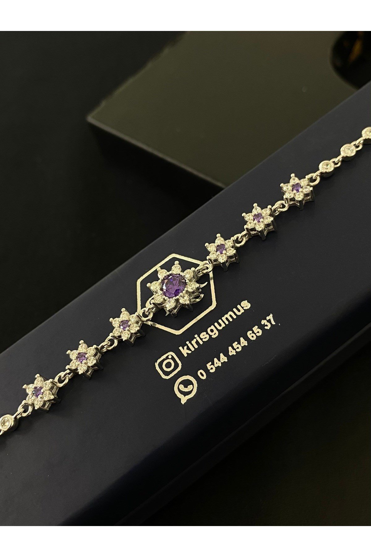925 Ayar Gümüş Mor Lotus Çiçeği Aşk Güneşi Kadın Gümüş Bileklik (17+3CM)