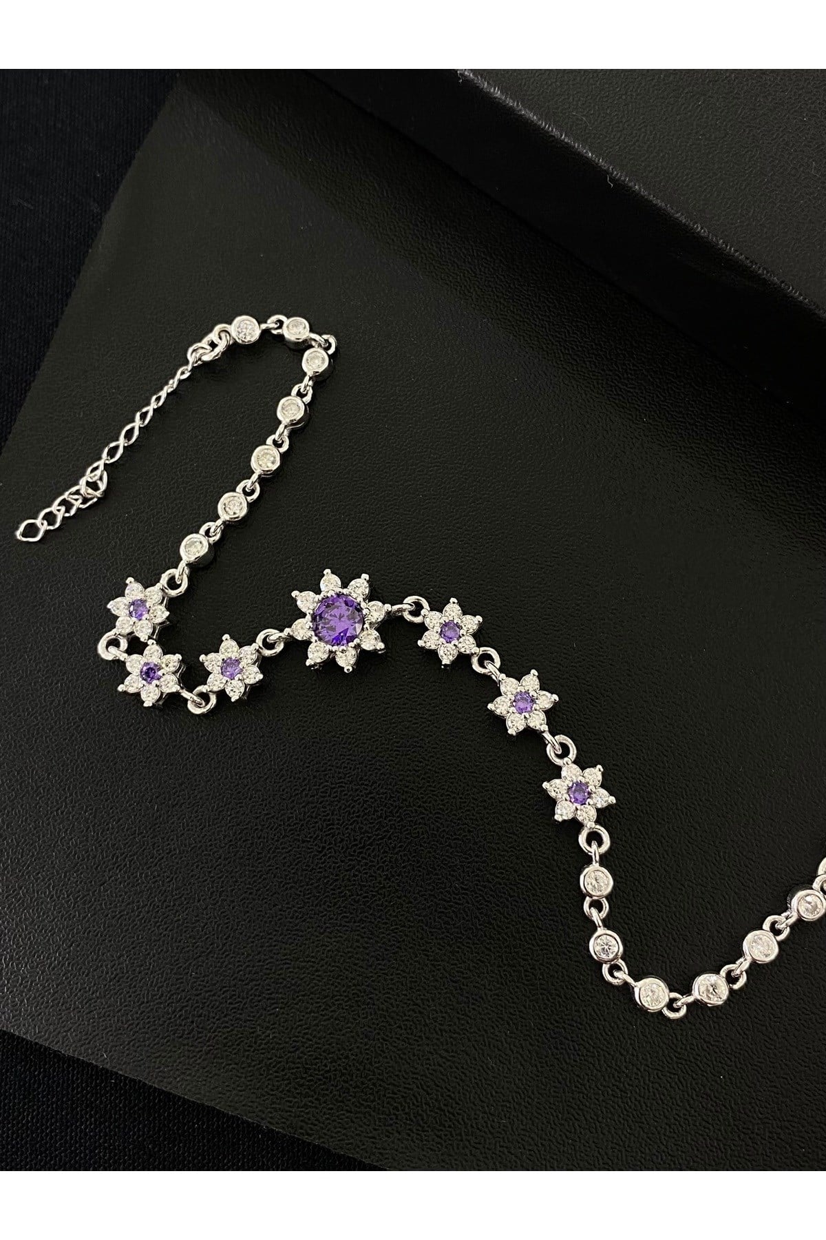925 Ayar Gümüş Mor Lotus Çiçeği Aşk Güneşi Kadın Gümüş Bileklik (17+3CM)