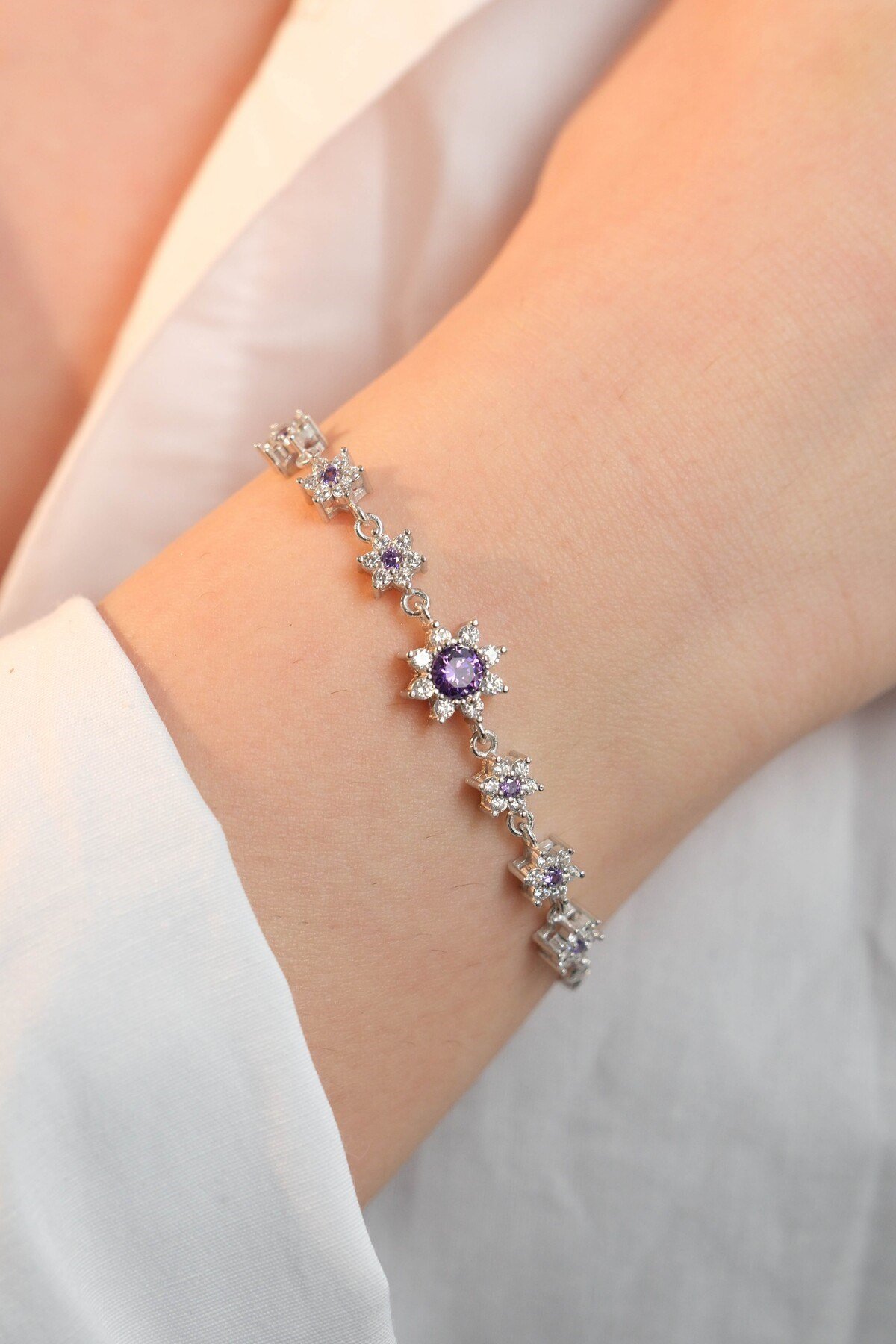 925 Ayar Gümüş Mor Lotus Çiçeği Aşk Güneşi Kadın Gümüş Bileklik (17+3CM)