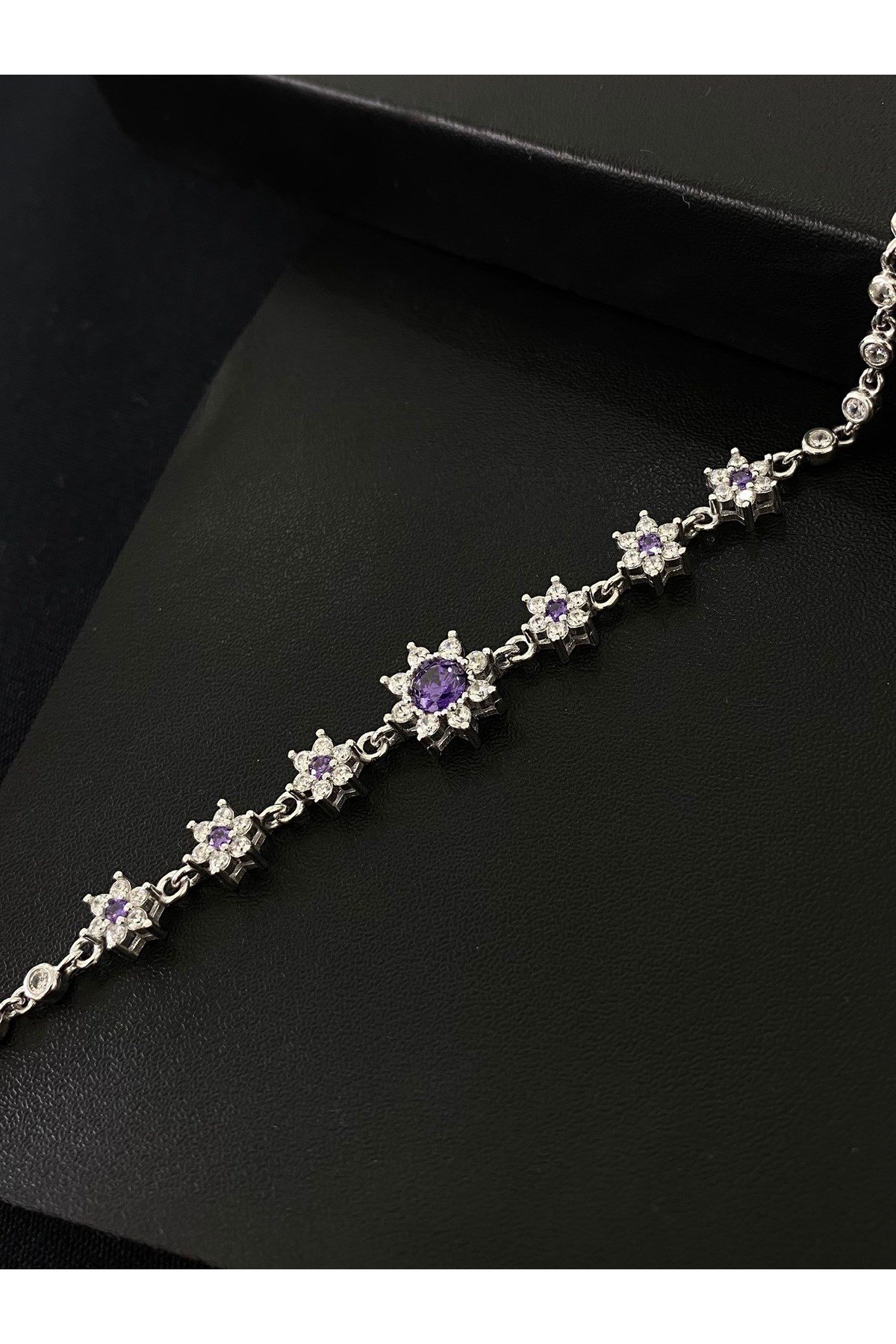 925 Ayar Gümüş Mor Lotus Çiçeği Aşk Güneşi Kadın Gümüş Bileklik (17+3CM)