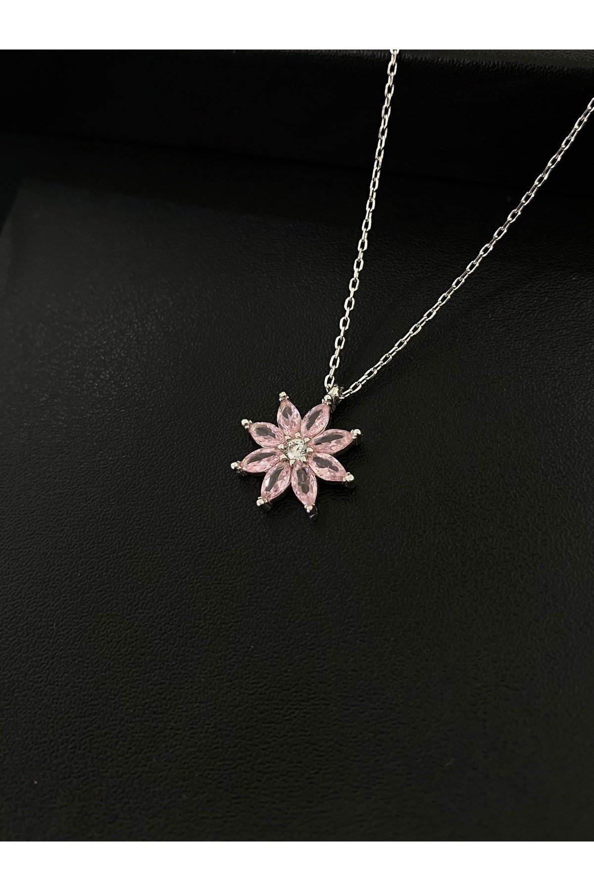 925 Ayar Gümüş Pembe Çiçek Kadın Gümüş Kolye (40+5cm) (Kiriş Gümüş Kolye Model2)