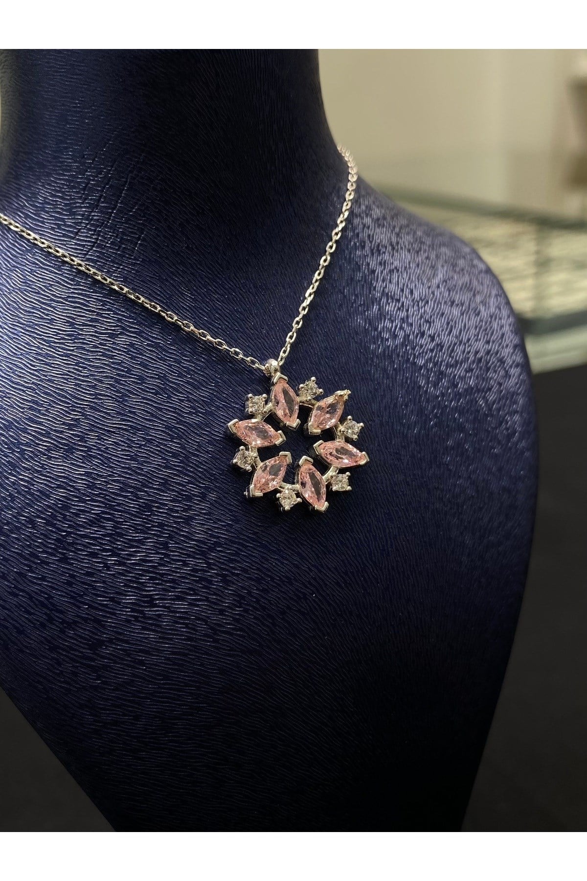 925 Ayar Gümüş Pembe Çiçek Kadın Gümüş Kolye (40+5cm) (Kiriş Gümüş Kolye Model 3)