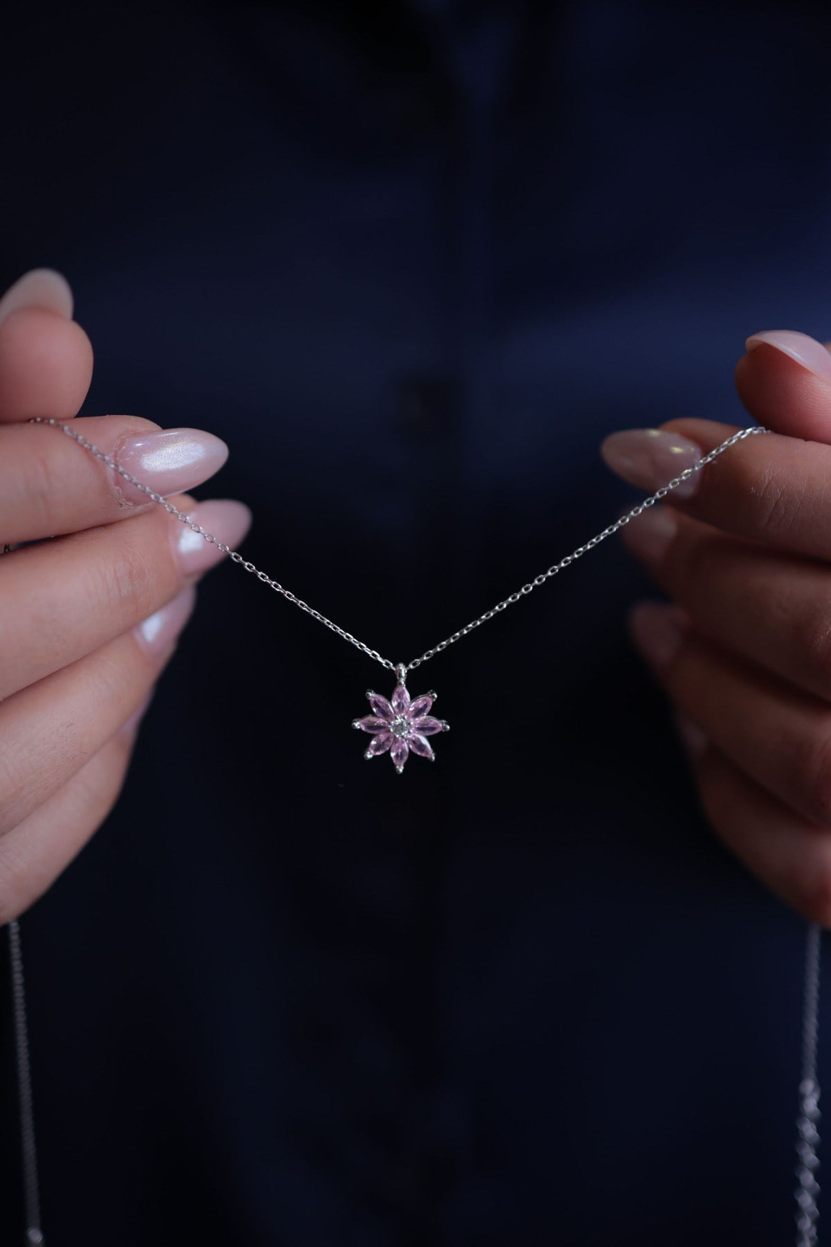 925 Ayar Gümüş Pembe Çiçek Kadın Gümüş Kolye (40+5cm) (Kiriş Gümüş Kolye Model2)