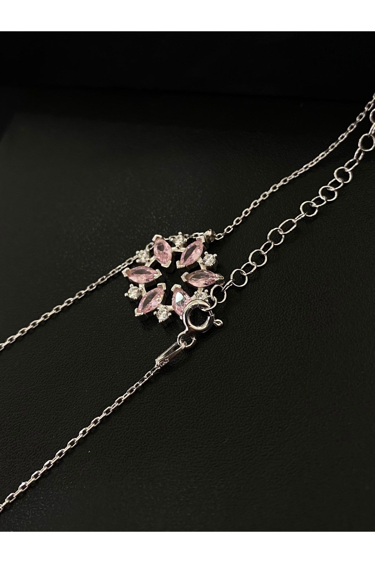 925 Ayar Gümüş Pembe Çiçek Kadın Gümüş Kolye (40+5cm) (Kiriş Gümüş Kolye Model 3)