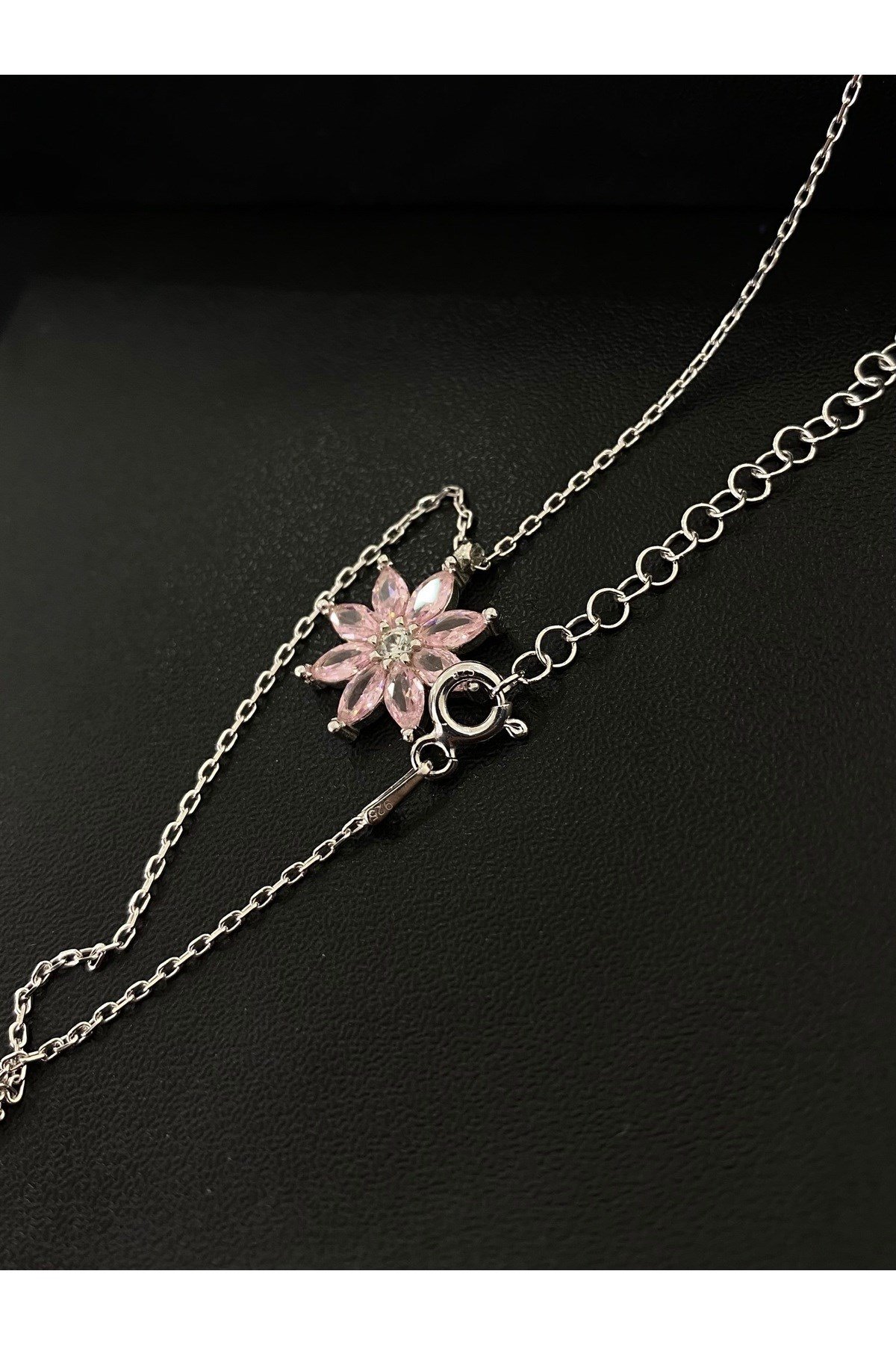 925 Ayar Gümüş Pembe Çiçek Kadın Gümüş Kolye (40+5cm) (Kiriş Gümüş Kolye Model2)