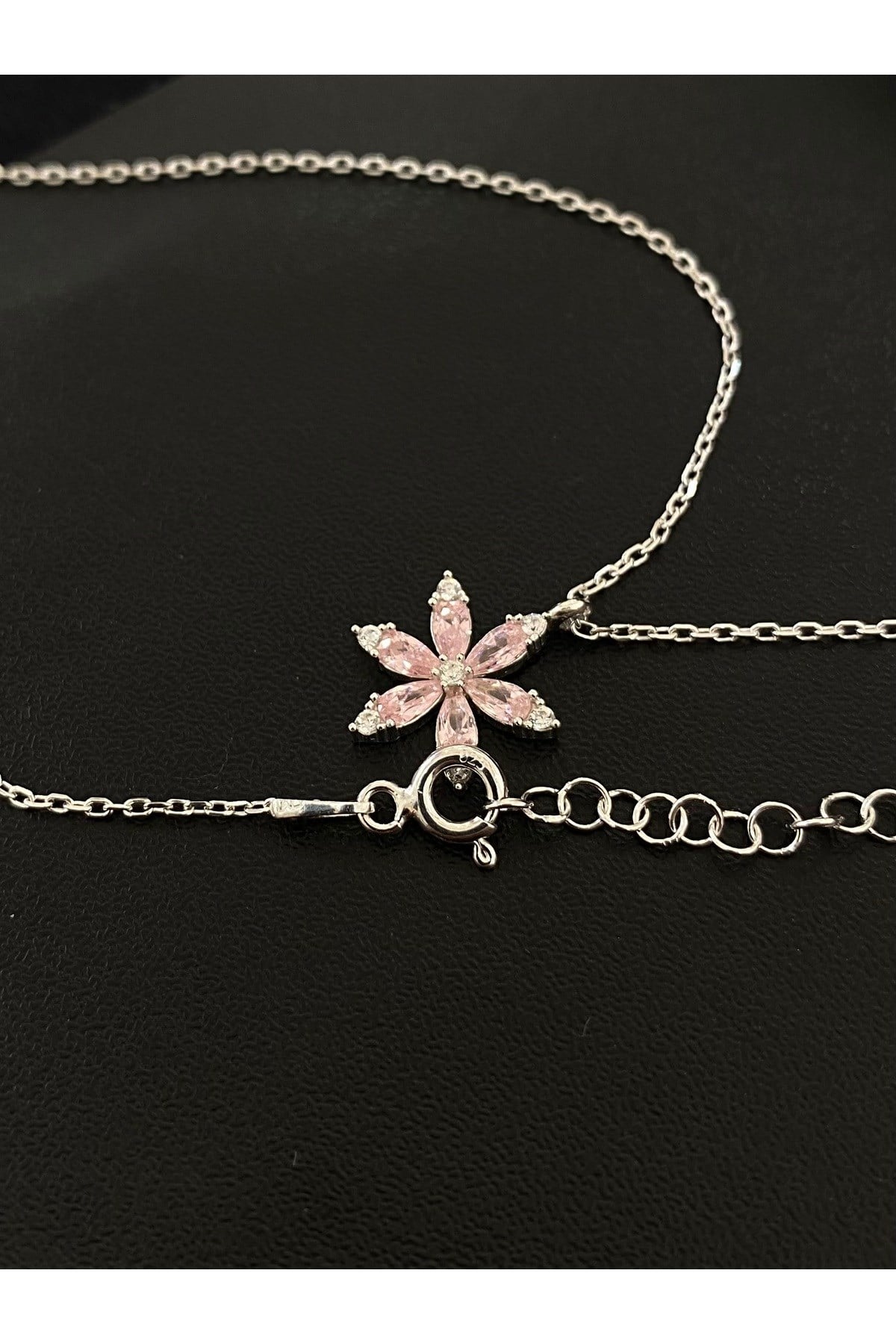 925 Ayar Gümüş Pembe Çiçek Kadın Gümüş Kolye (40+5CM)
