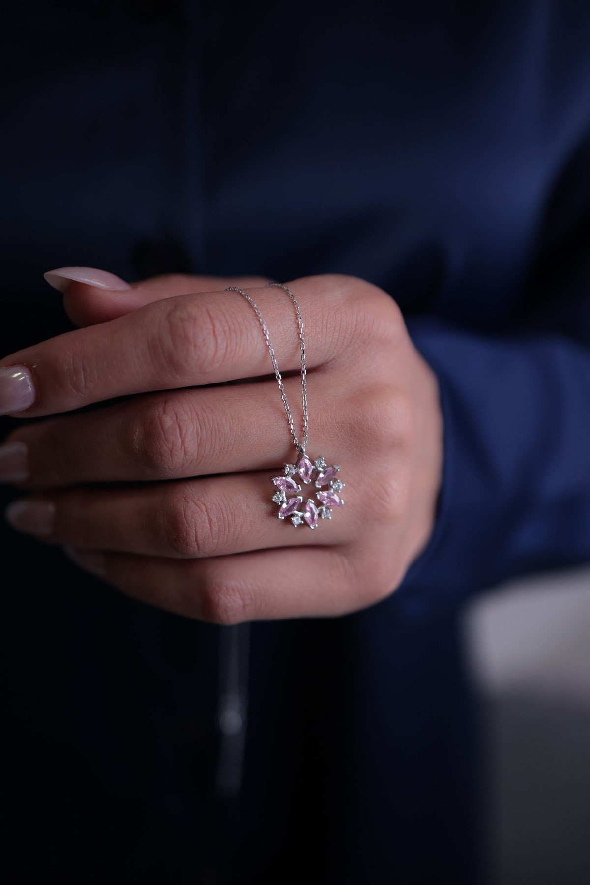 925 Ayar Gümüş Pembe Çiçek Kadın Gümüş Kolye (40+5cm) (Kiriş Gümüş Kolye Model 3)