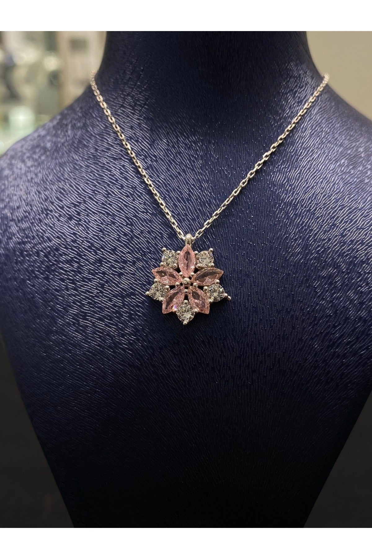 925 Ayar Gümüş Pembe Çiçek Kadın Gümüş Kolye (40+5cm) (Kiriş Gümüş Kolye Model1)