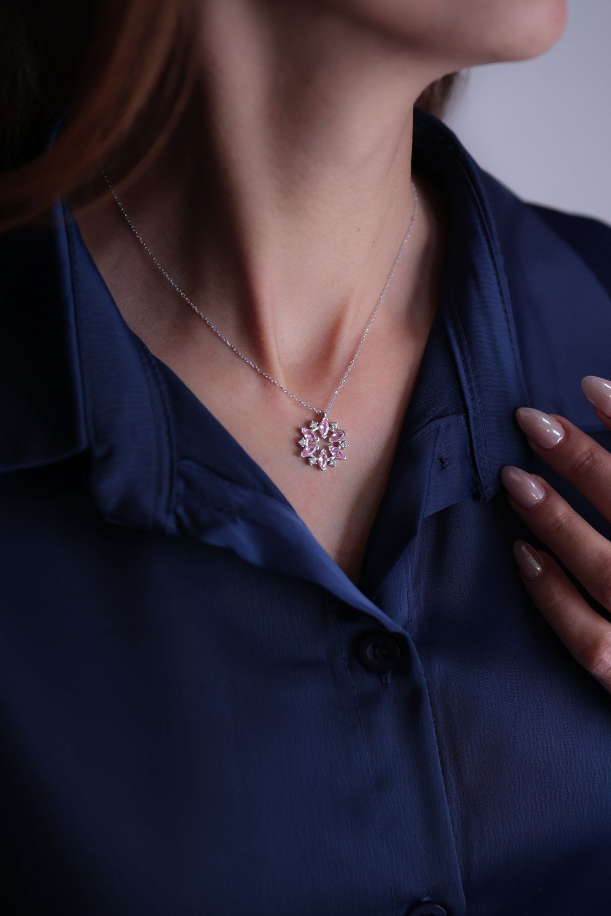 925 Ayar Gümüş Pembe Çiçek Kadın Gümüş Kolye (40+5cm) (Kiriş Gümüş Kolye Model 3)