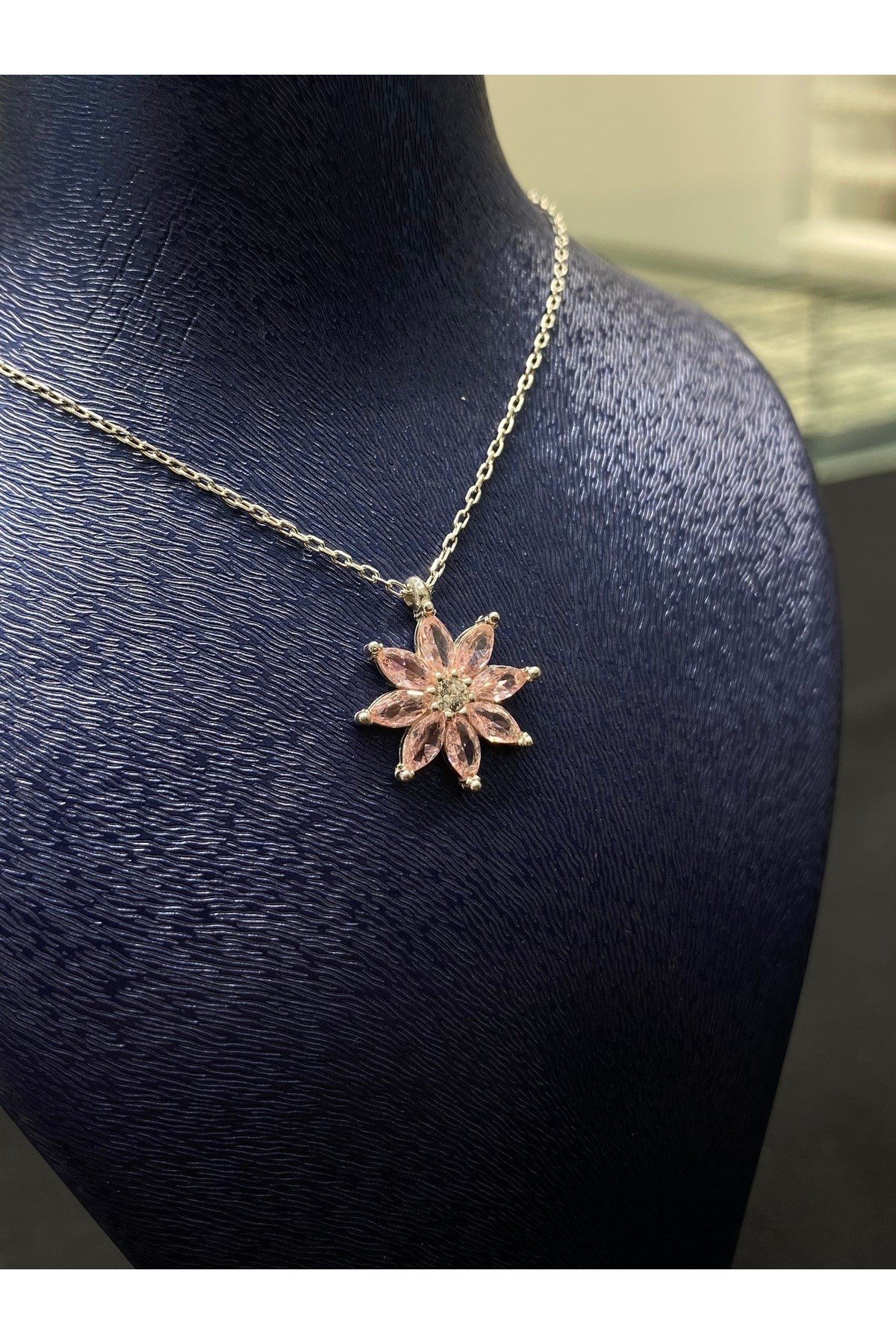 925 Ayar Gümüş Pembe Çiçek Kadın Gümüş Kolye (40+5cm) (Kiriş Gümüş Kolye Model2)