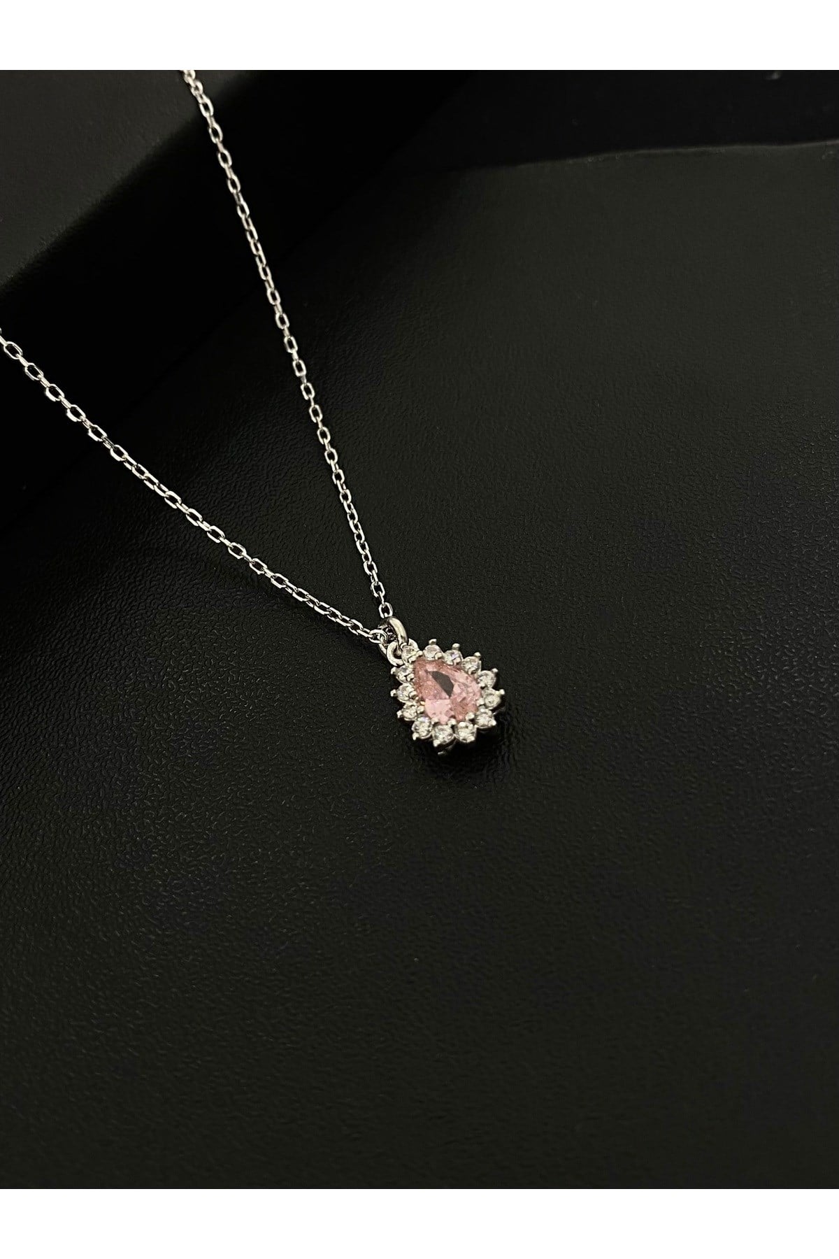 925 Ayar Gümüş Pembe Damla Modeli Kadın Gümüş Kolye (40+5CM)