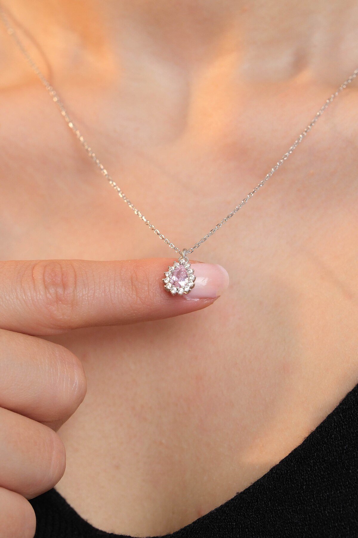 925 Ayar Gümüş Pembe Damla Modeli Kadın Gümüş Kolye (40+5CM)