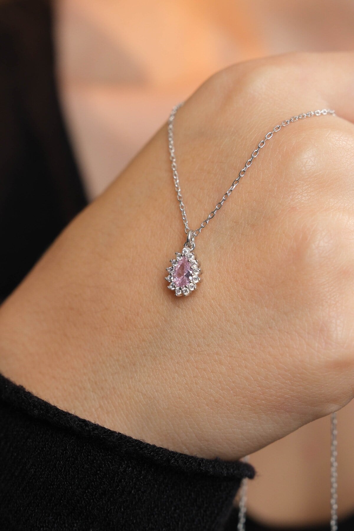 925 Ayar Gümüş Pembe Damla Modeli Kadın Gümüş Kolye (40+5CM)