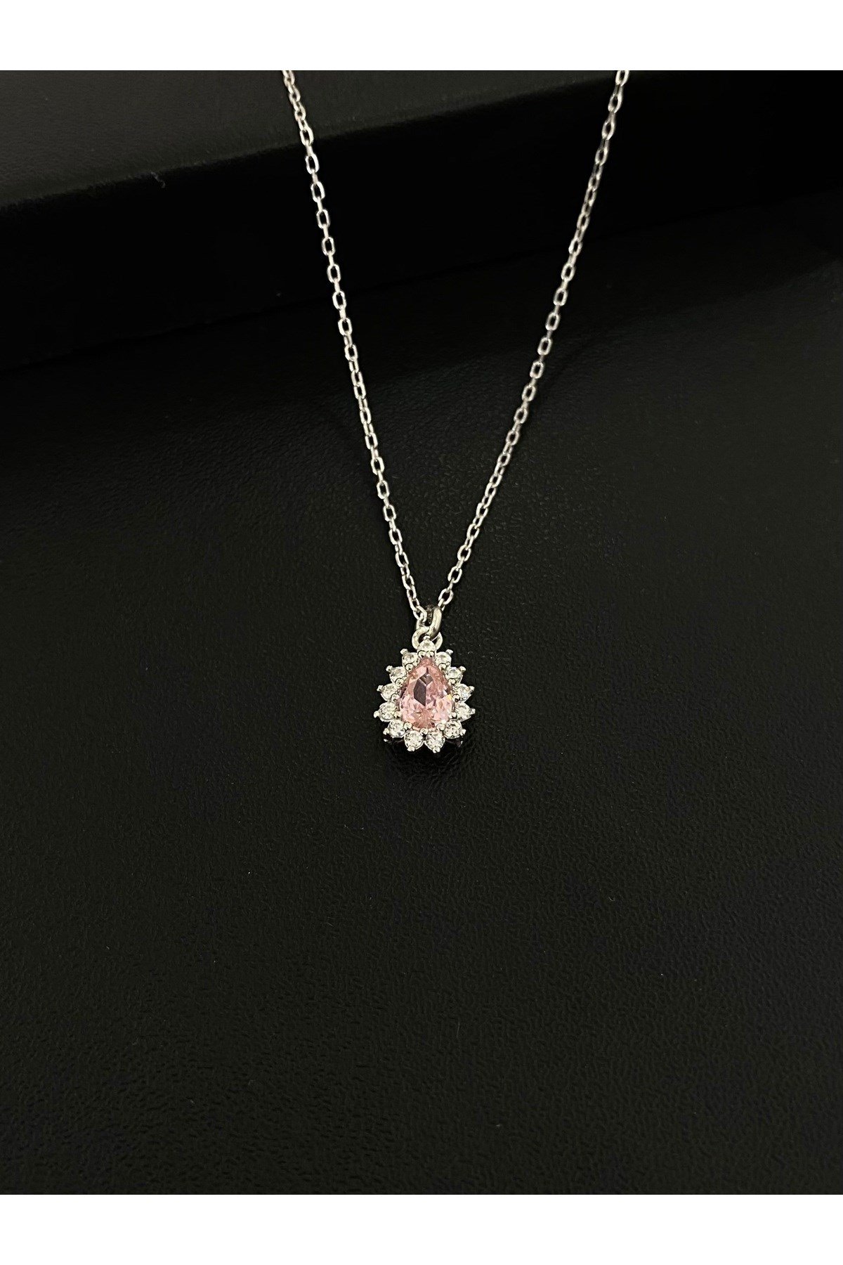 925 Ayar Gümüş Pembe Damla Modeli Kadın Gümüş Kolye (40+5CM)
