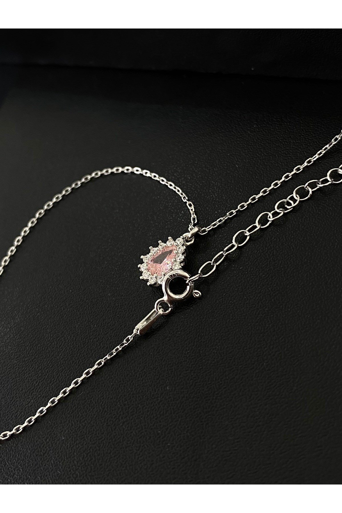 925 Ayar Gümüş Pembe Damla Modeli Kadın Gümüş Kolye (40+5CM)