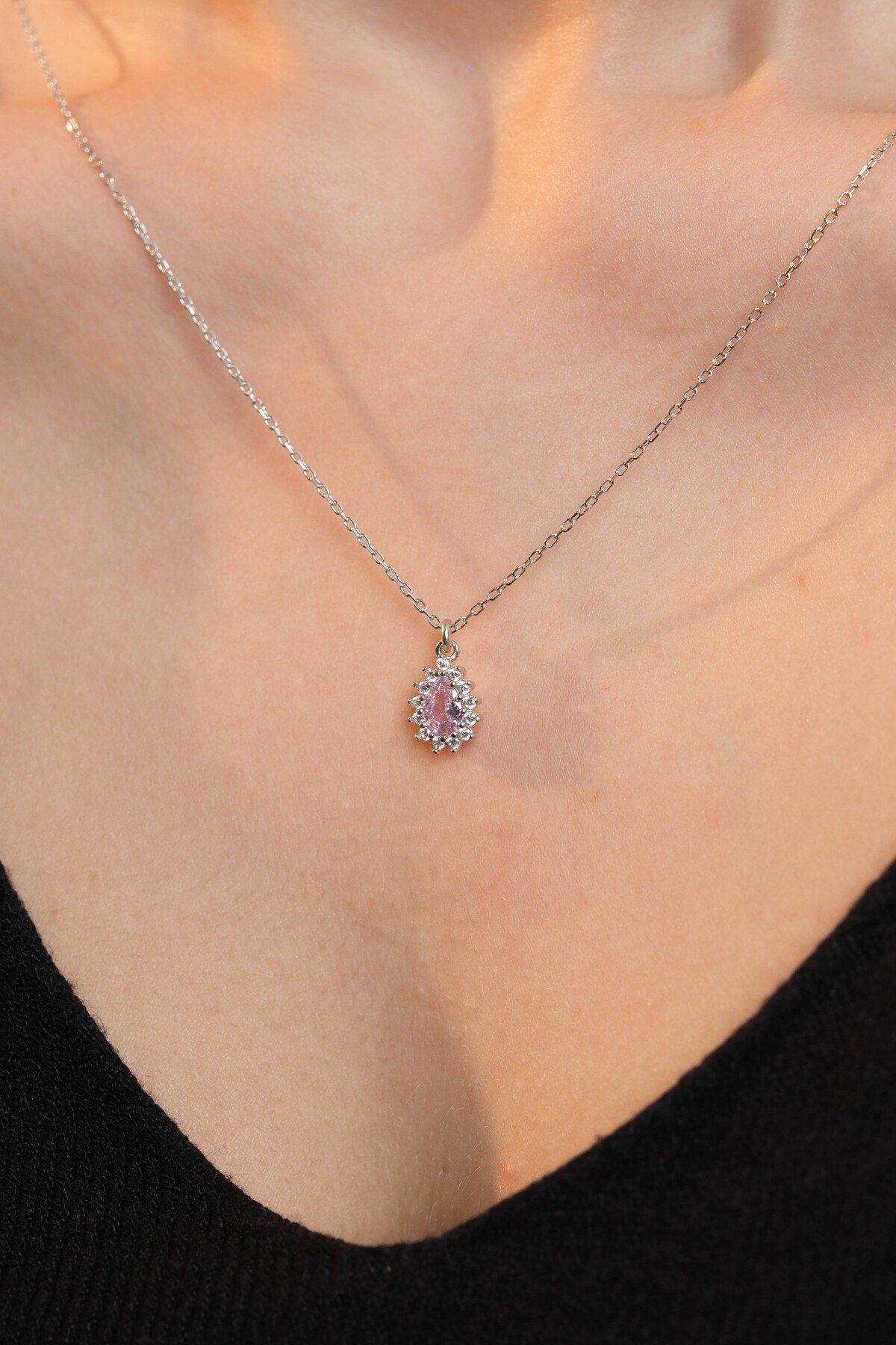 925 Ayar Gümüş Pembe Damla Modeli Kadın Gümüş Kolye (40+5CM)