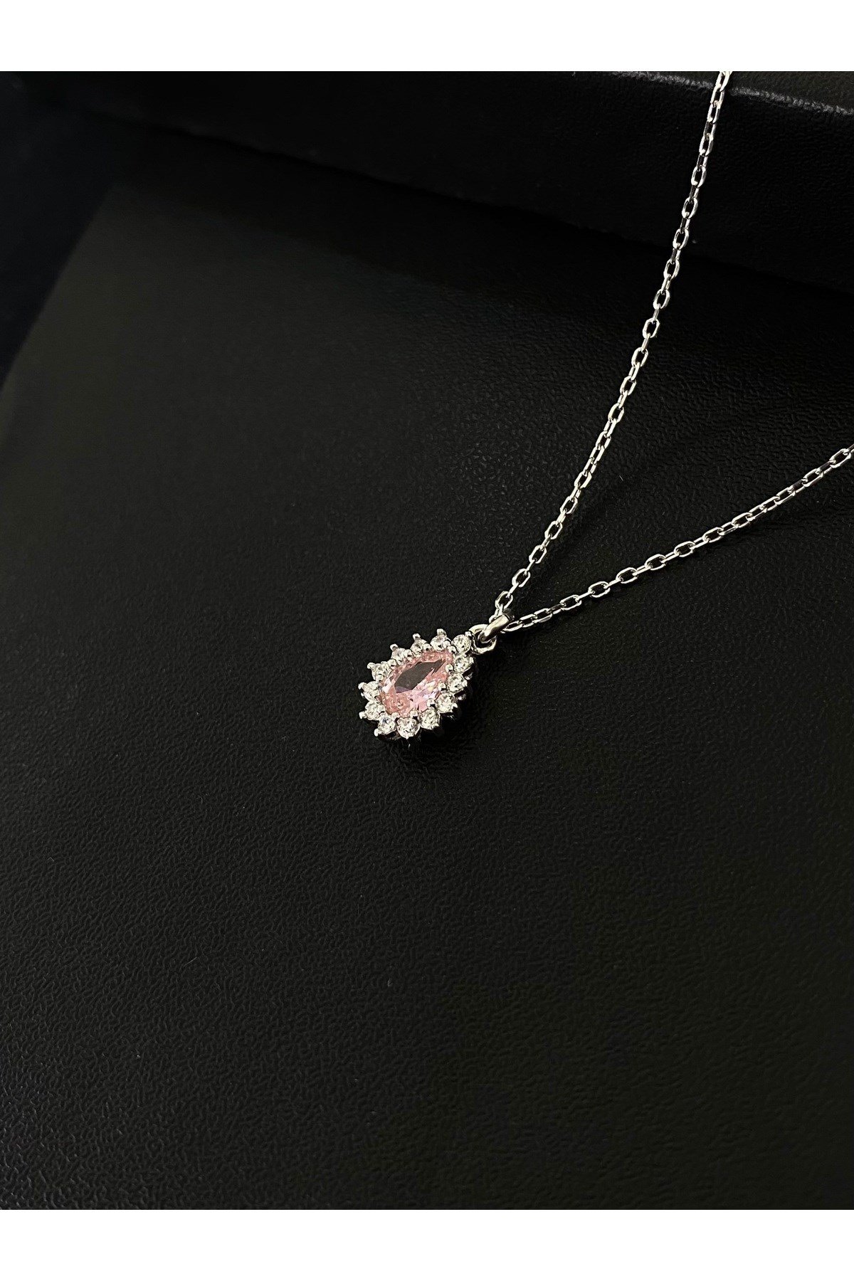 925 Ayar Gümüş Pembe Damla Modeli Kadın Gümüş Kolye (40+5CM)