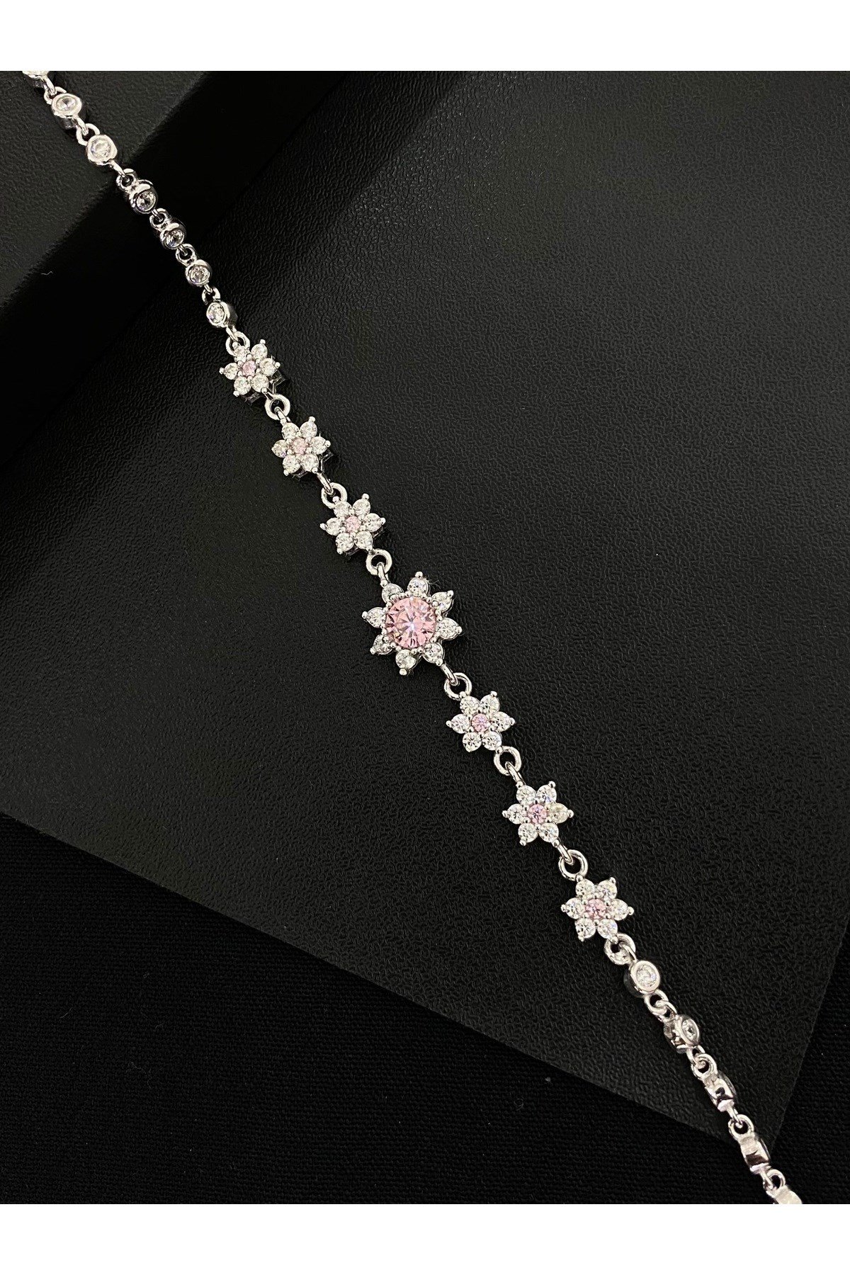 925 Ayar Gümüş Pembe Lotus Çiçeği Aşk Güneşi Kadın Gümüş Bileklik (17+3CM)