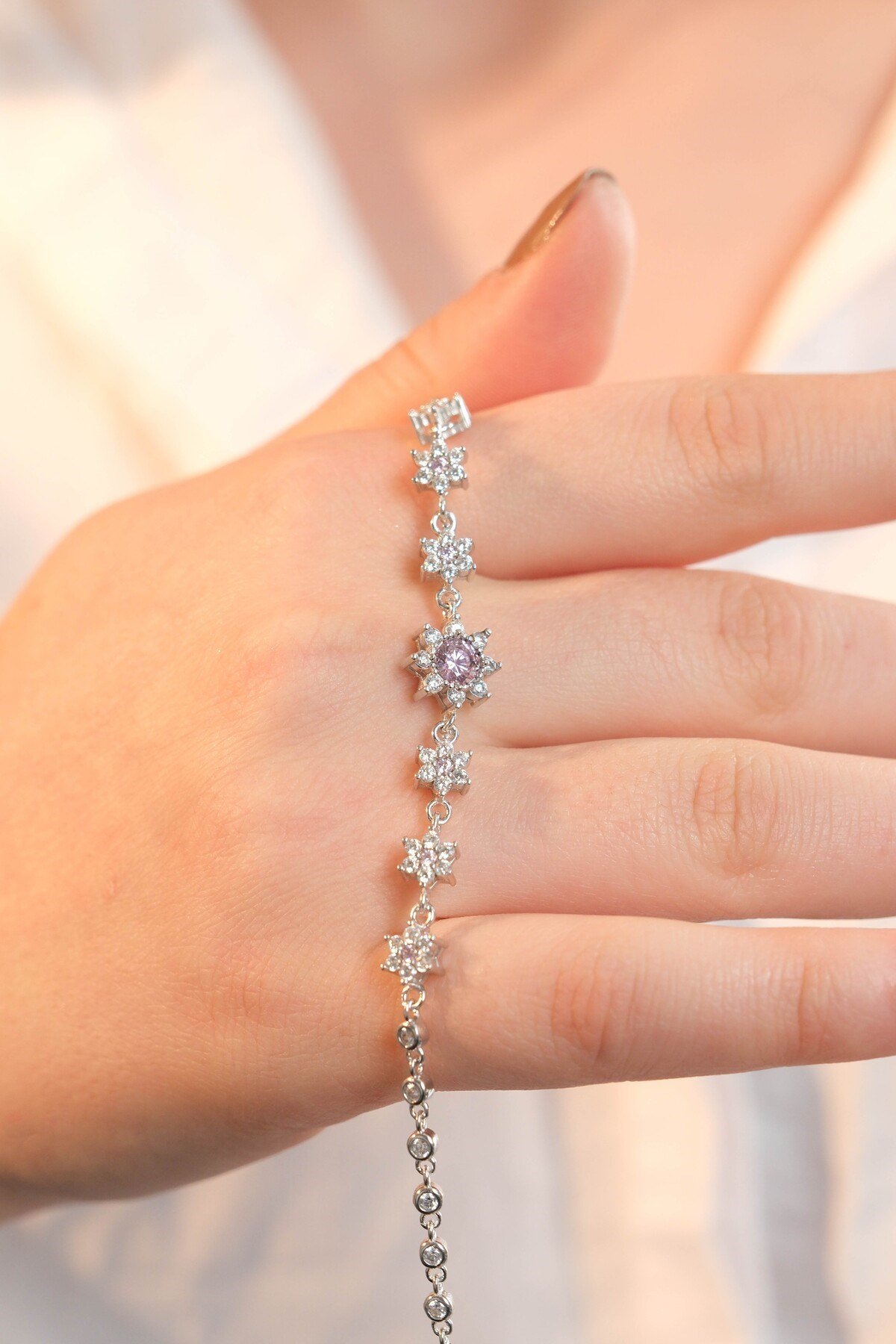 925 Ayar Gümüş Pembe Lotus Çiçeği Aşk Güneşi Kadın Gümüş Bileklik (17+3CM)