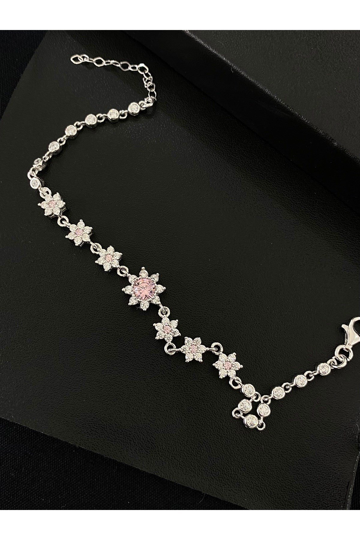 925 Ayar Gümüş Pembe Lotus Çiçeği Aşk Güneşi Kadın Gümüş Bileklik (17+3CM)