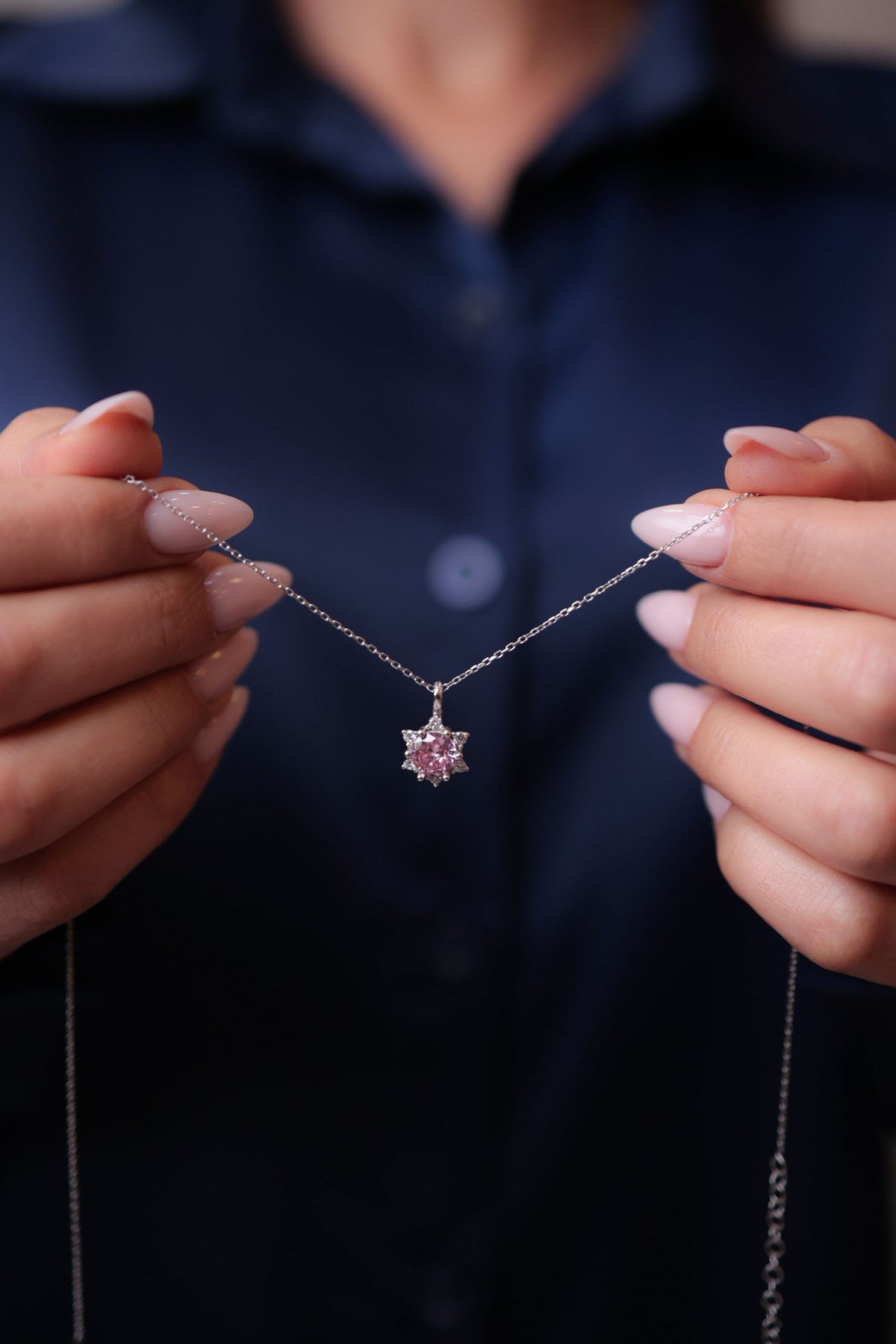925 Ayar Gümüş Pembe Lotus Çiçeği Kadın Gümüş Kolye (Aşk Güneşi Kolye) (Tek Taş Kolye) (40+5cm)