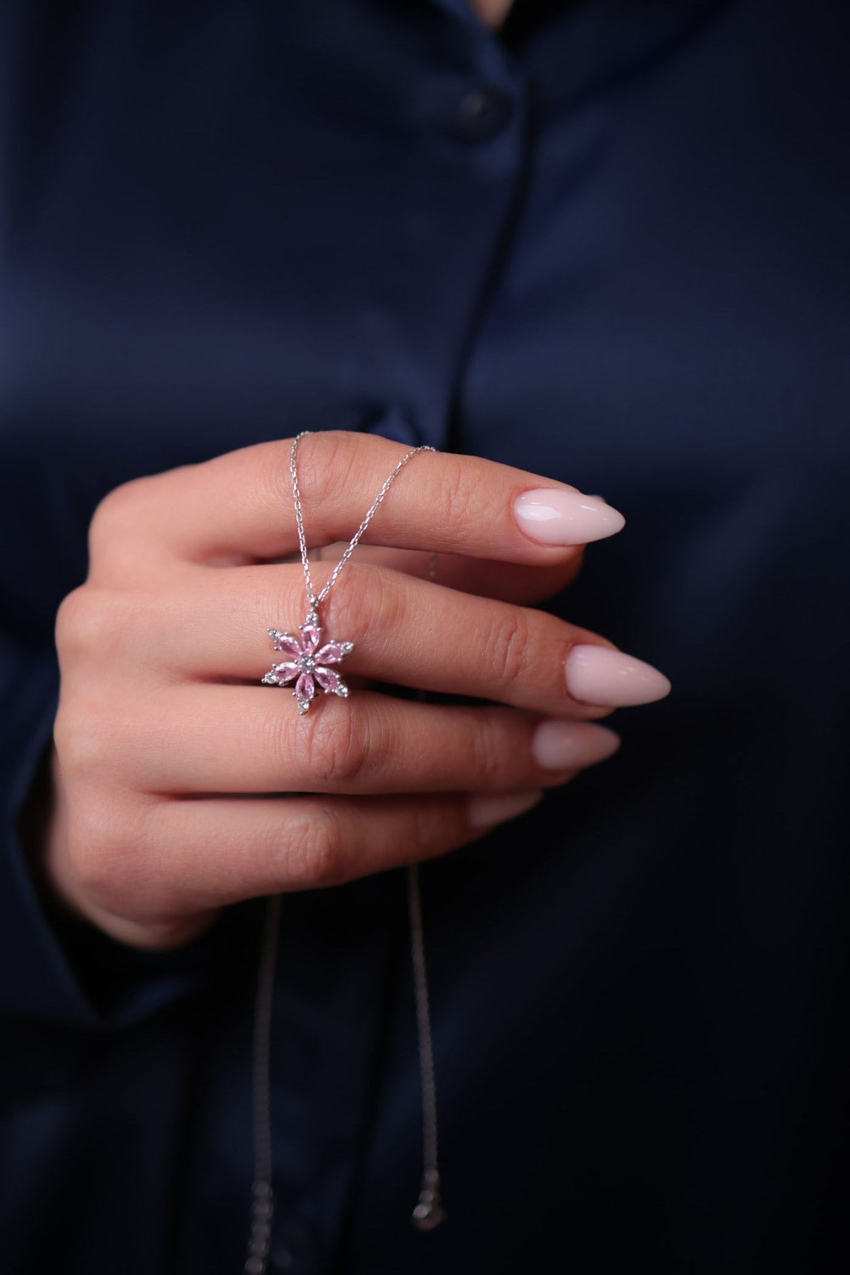 925 Ayar Gümüş Pembe Lotus Çiçeği Kadın Gümüş Kolye (Büyük) (40+5CM)