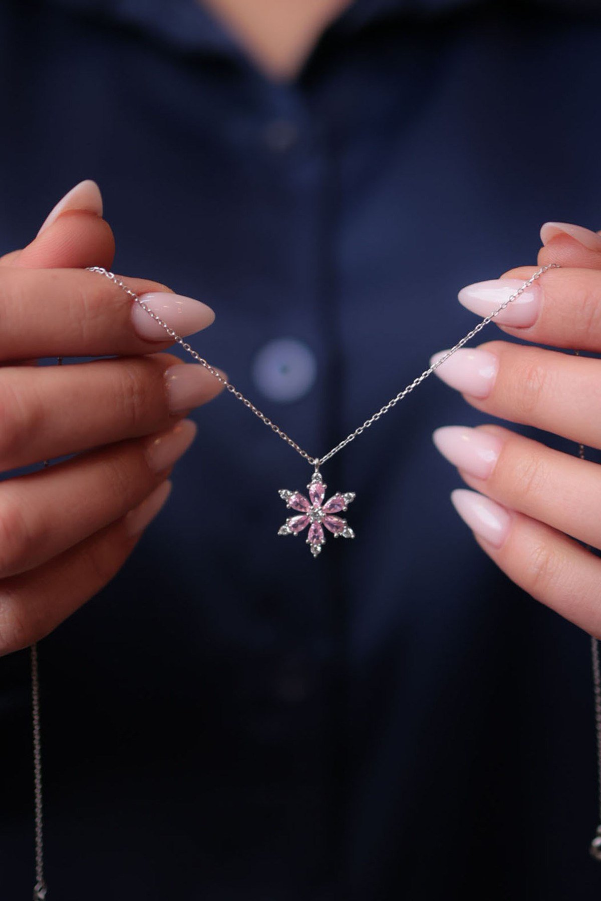 925 Ayar Gümüş Pembe Lotus Çiçeği Kadın Gümüş Kolye (Büyük) (40+5CM)